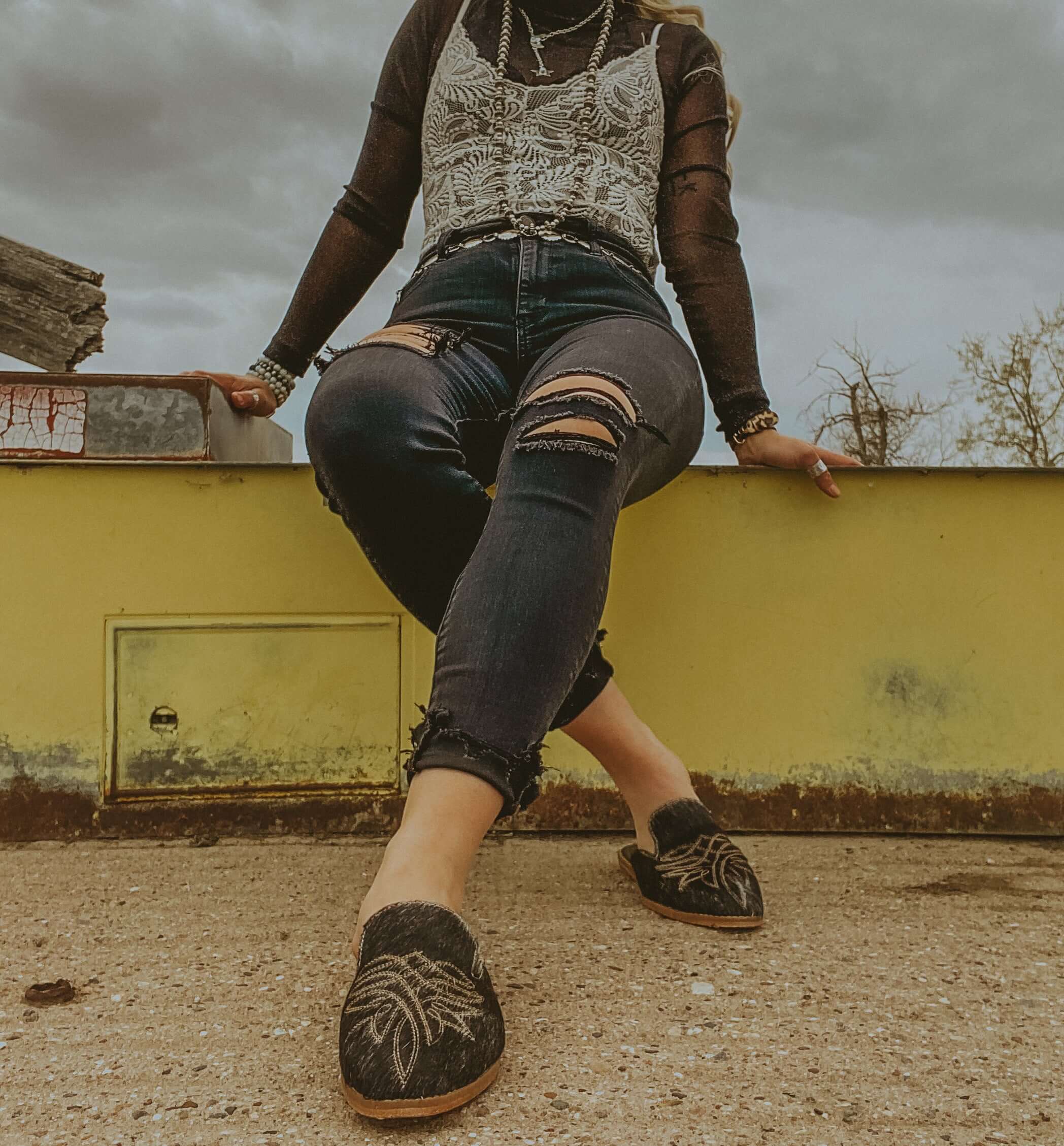Women wearing the Abby cowhide comfortable mules