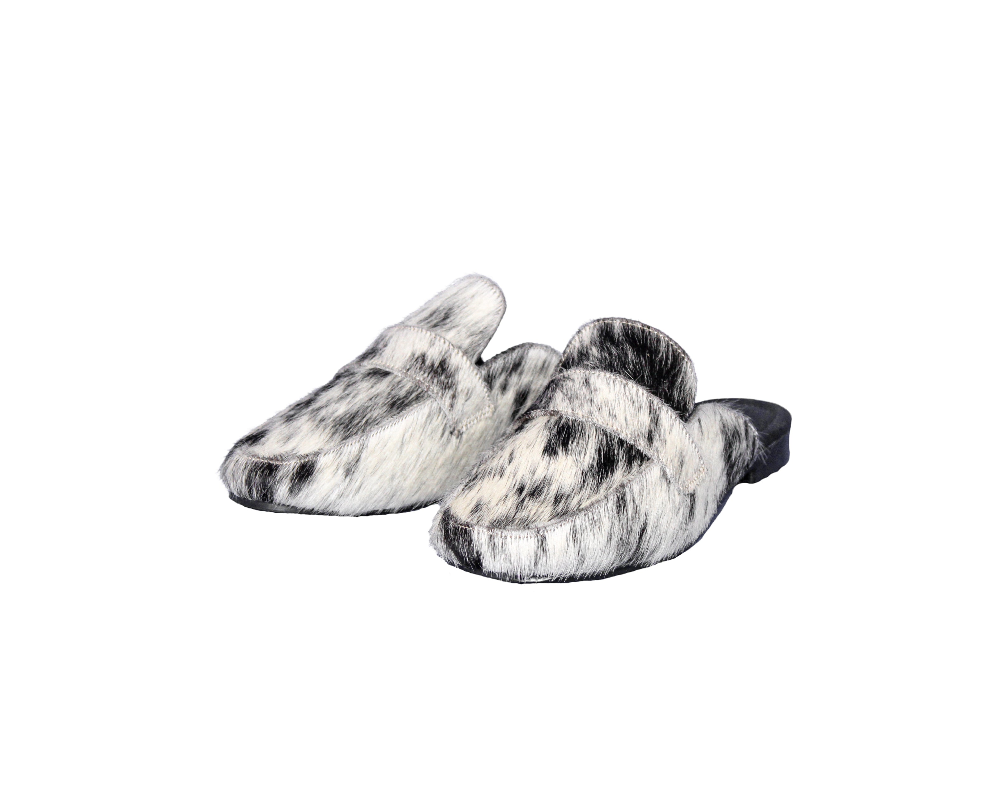 Cleo hair on hide mule in black and white cowhide, square toe, flat sole, handcrafted in Mexico
