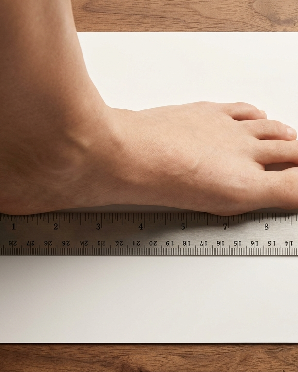 Foot measurement with a ruler on a white paper, placed on a wooden surface