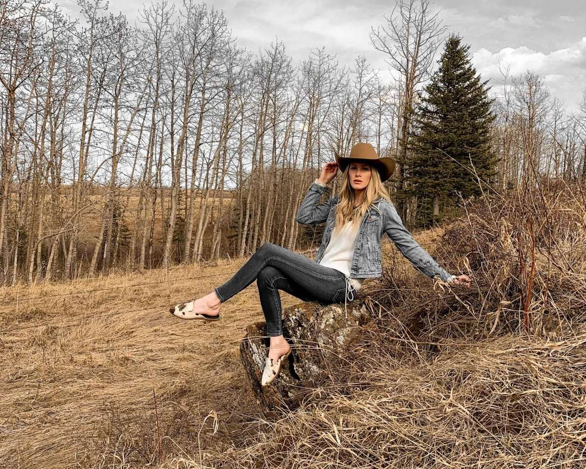 Women wearing abby cowhide mules in the country