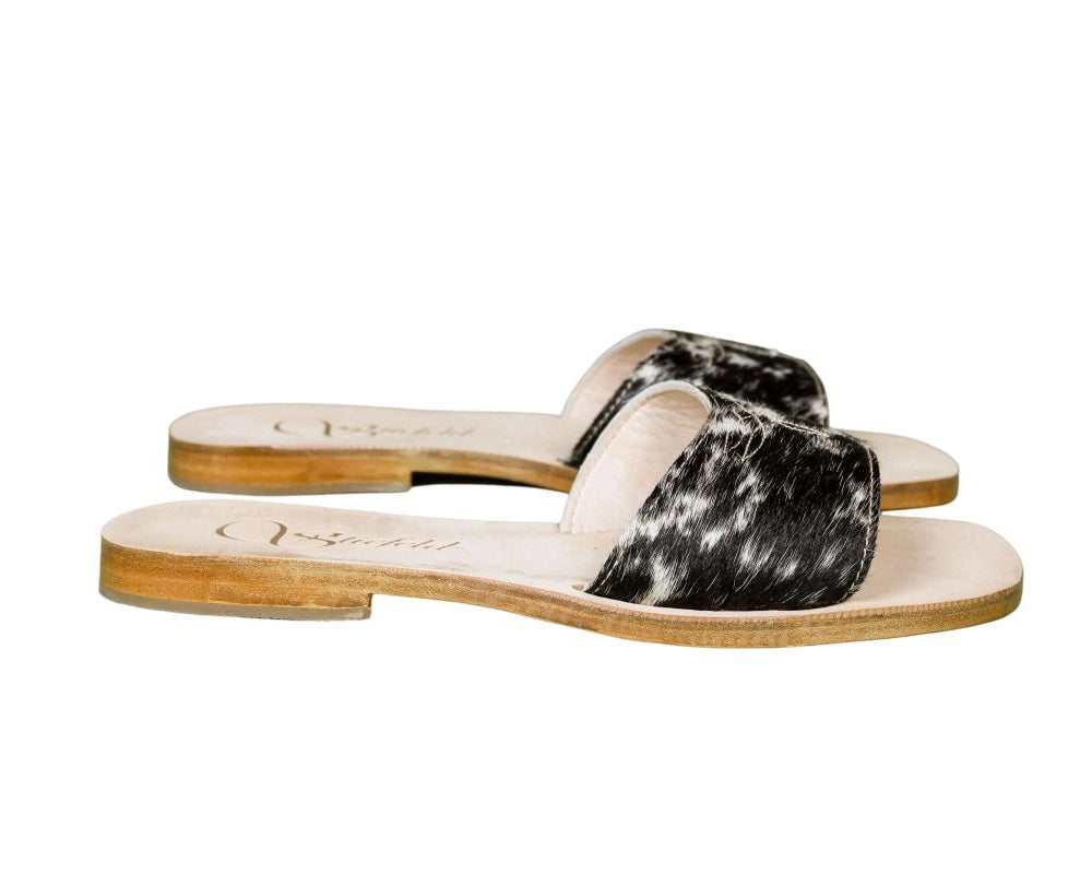 Agnes Hair - on - Hide Cowhide Slides – Black & Brown - Stiefeld Boots