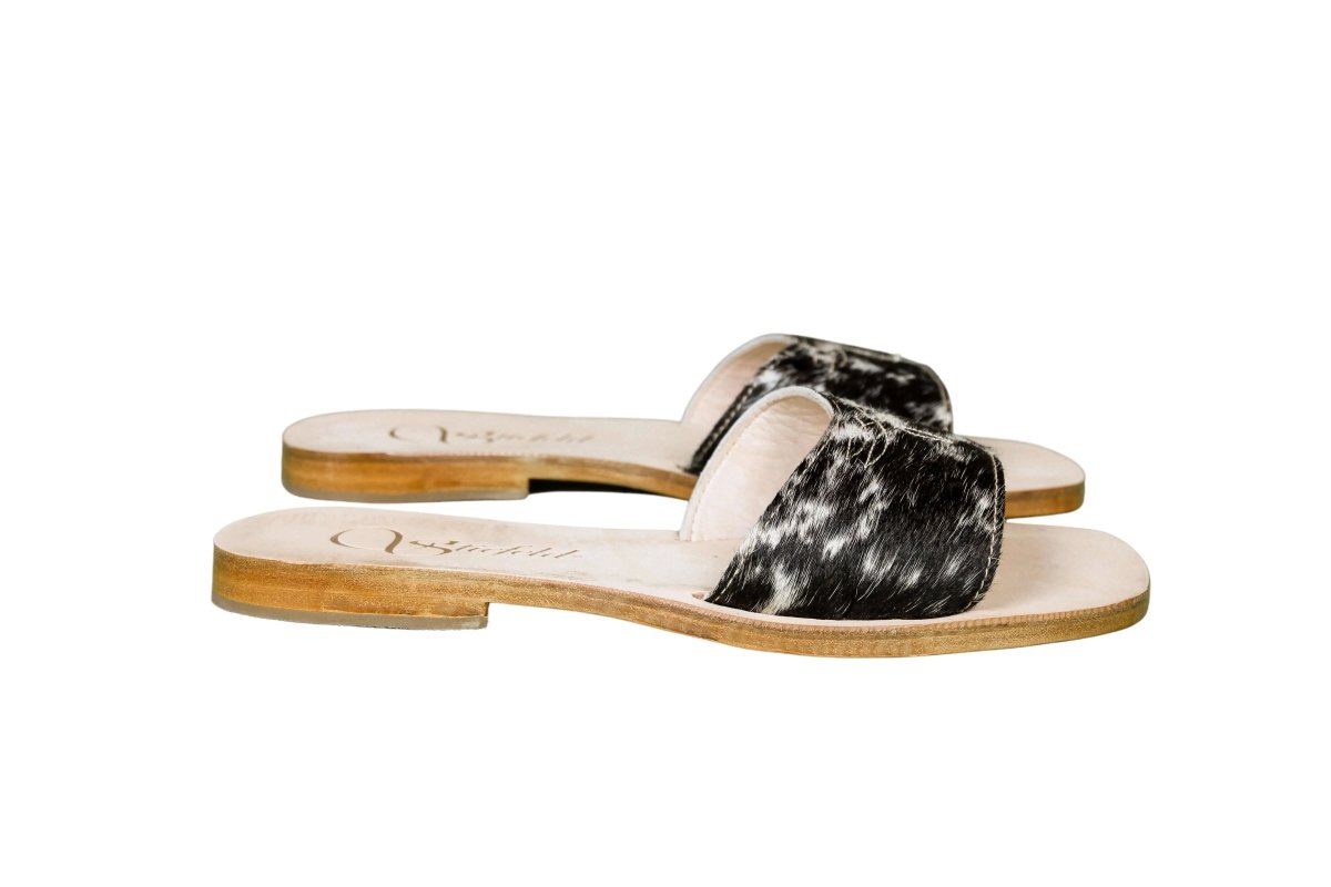 Agnes Hair - on - Hide Cowhide Slides – Black & Brown - Stiefeld Boots