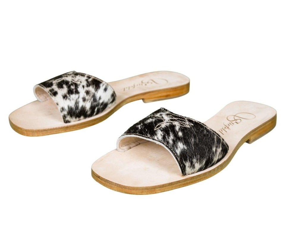 Agnes Hair - on - Hide Cowhide Slides – Black & Brown - Stiefeld Boots