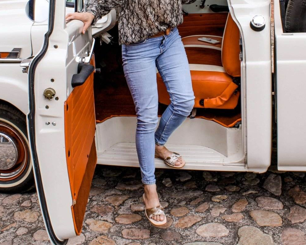 closer look for the agnes cowhide slides