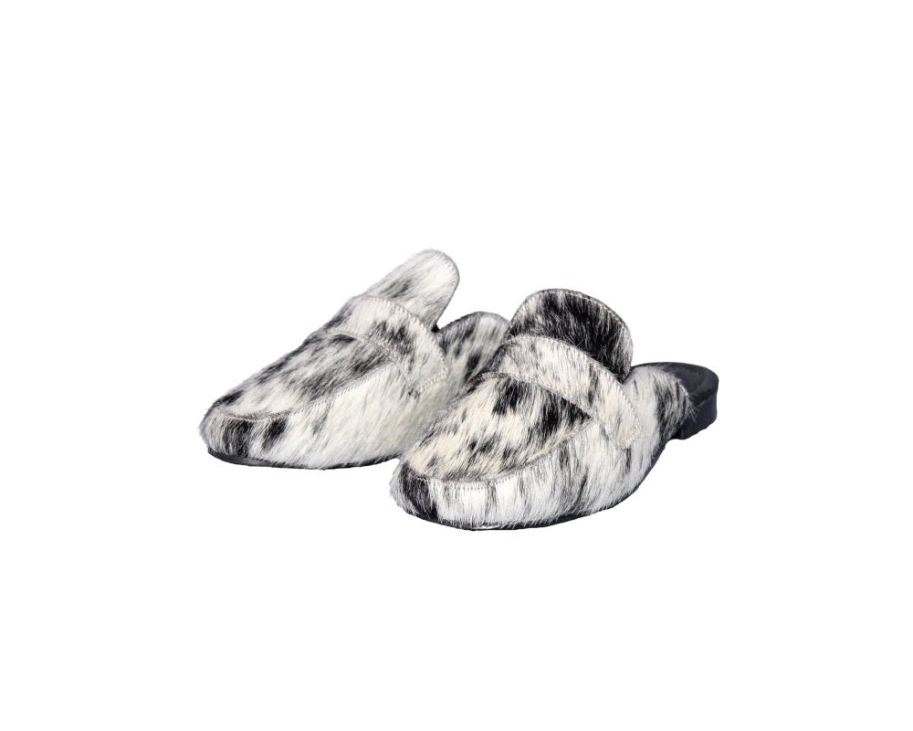 Cleo hair on hide mule in black and white cowhide, square toe, flat sole, handcrafted in Mexico