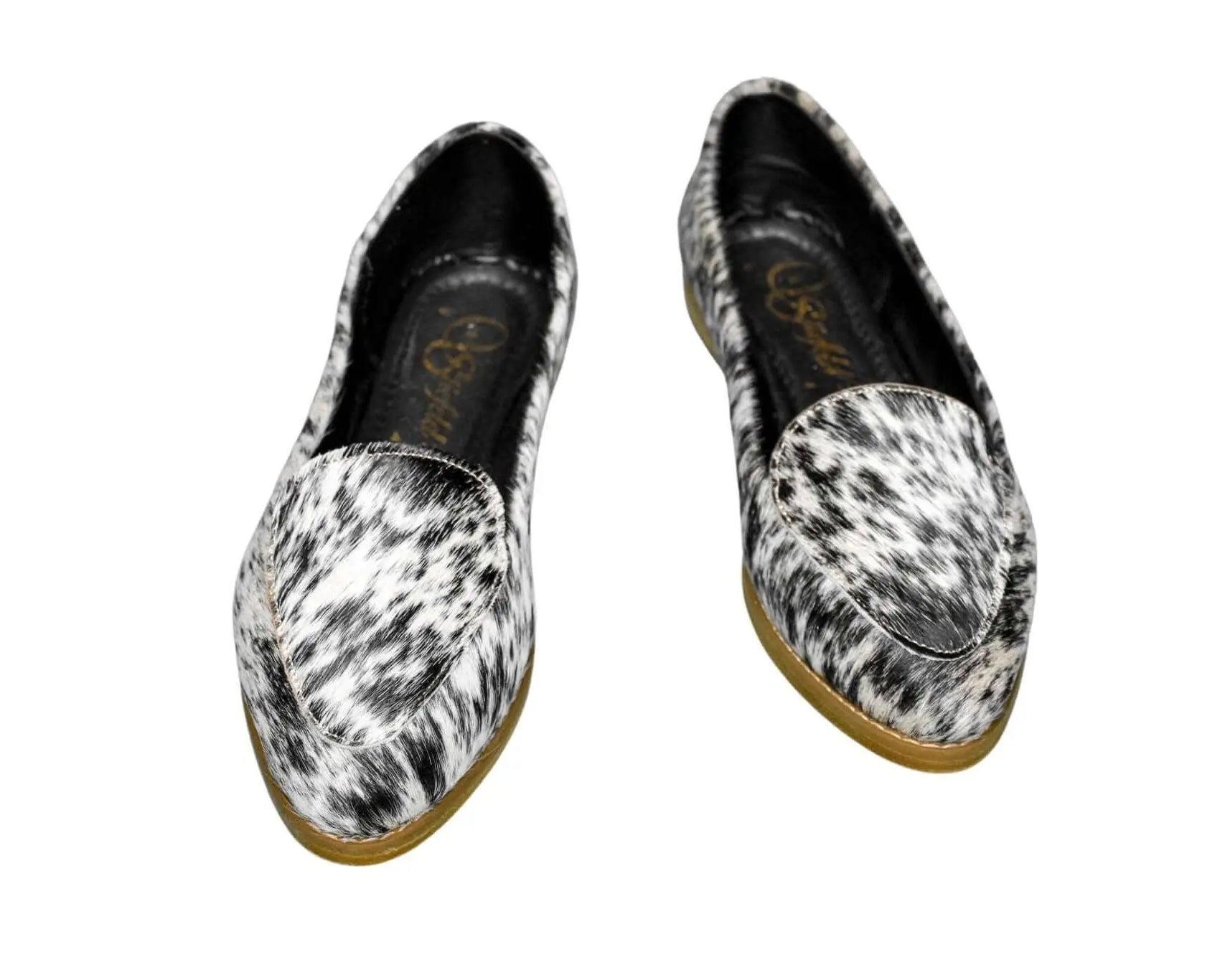 hair-on-hide black and white loafers with leather sole