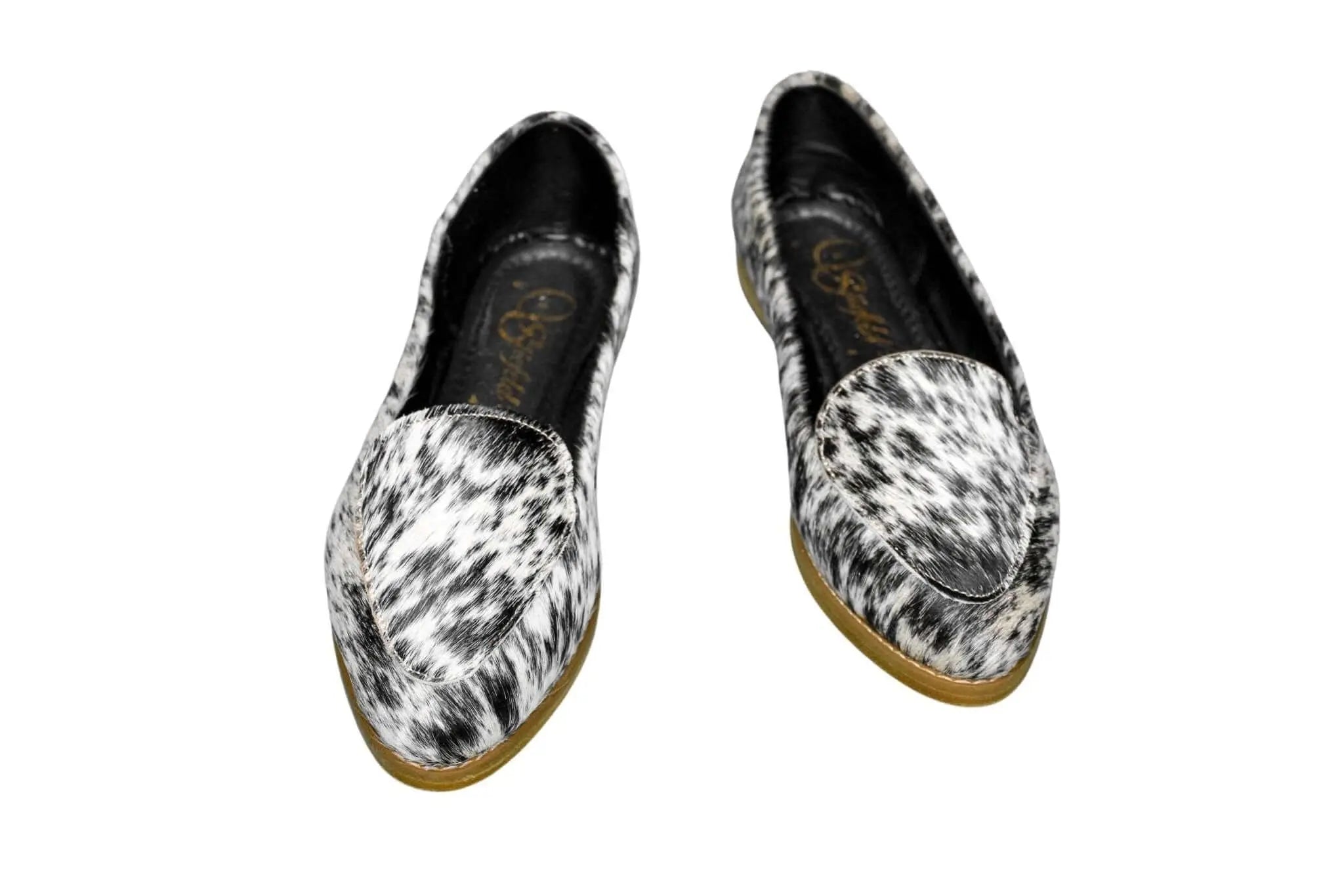 hair-on-hide black and white loafers with leather sole