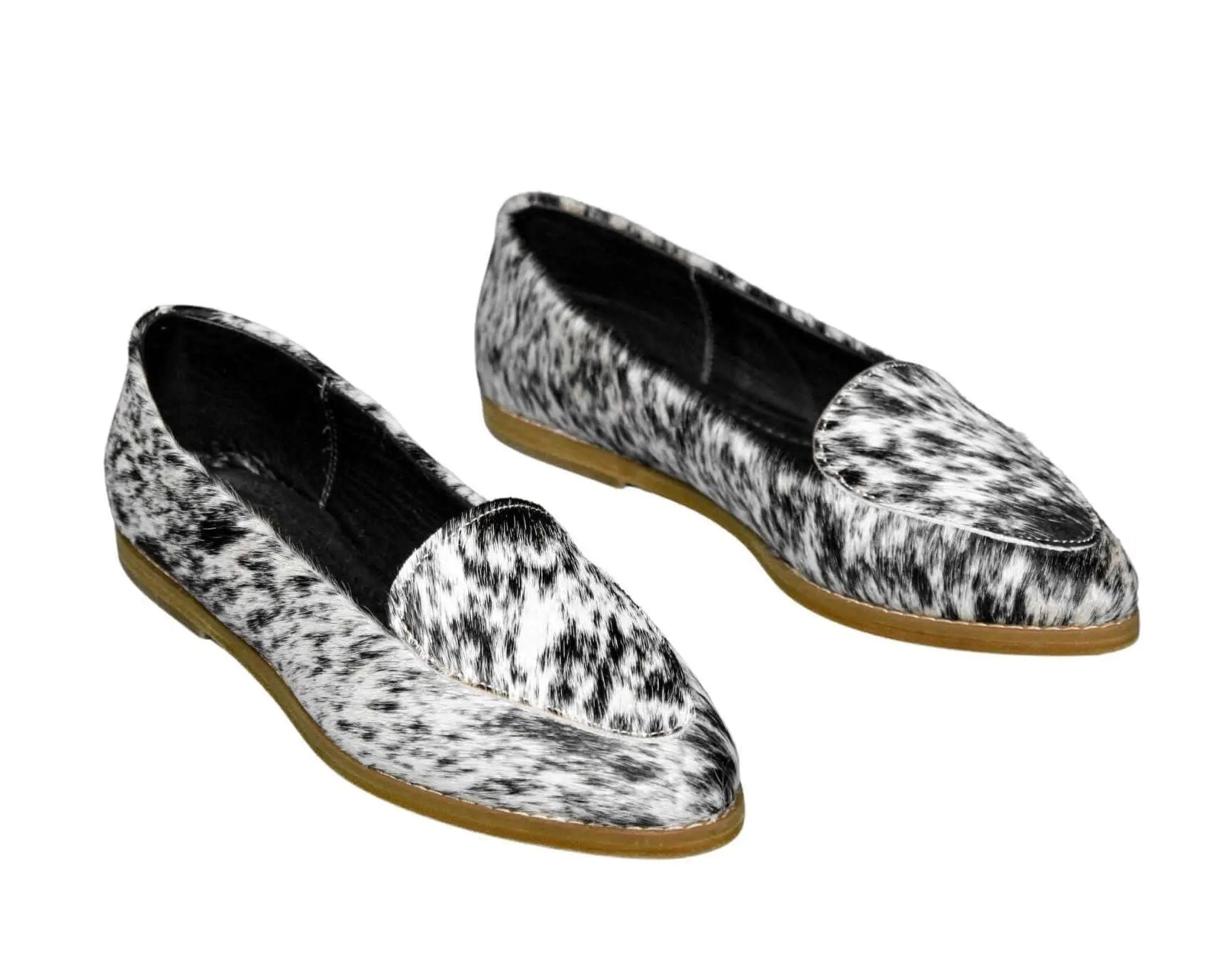 hair-on-hide black and white loafers with leather sole