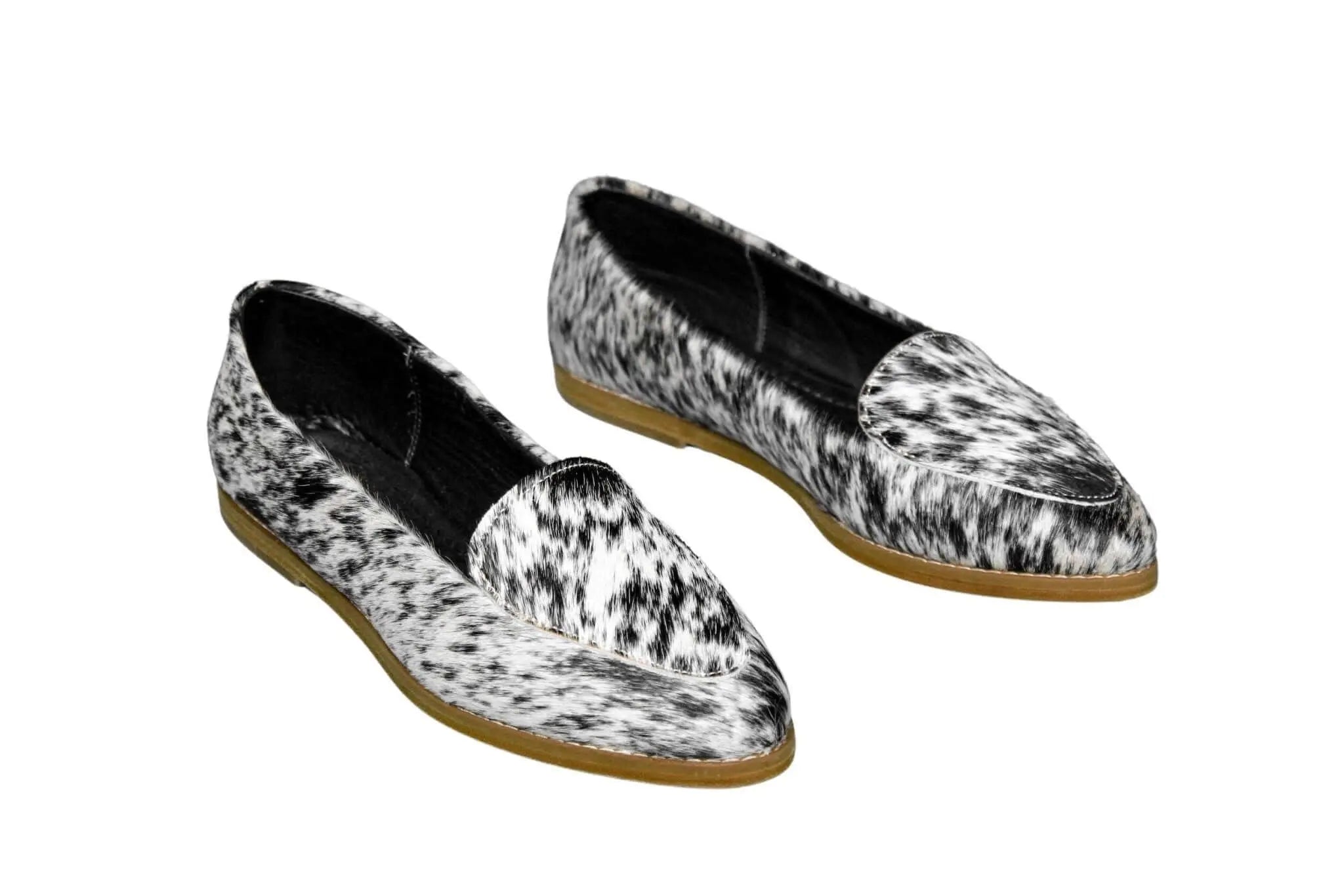 hair-on-hide black and white loafers with leather sole