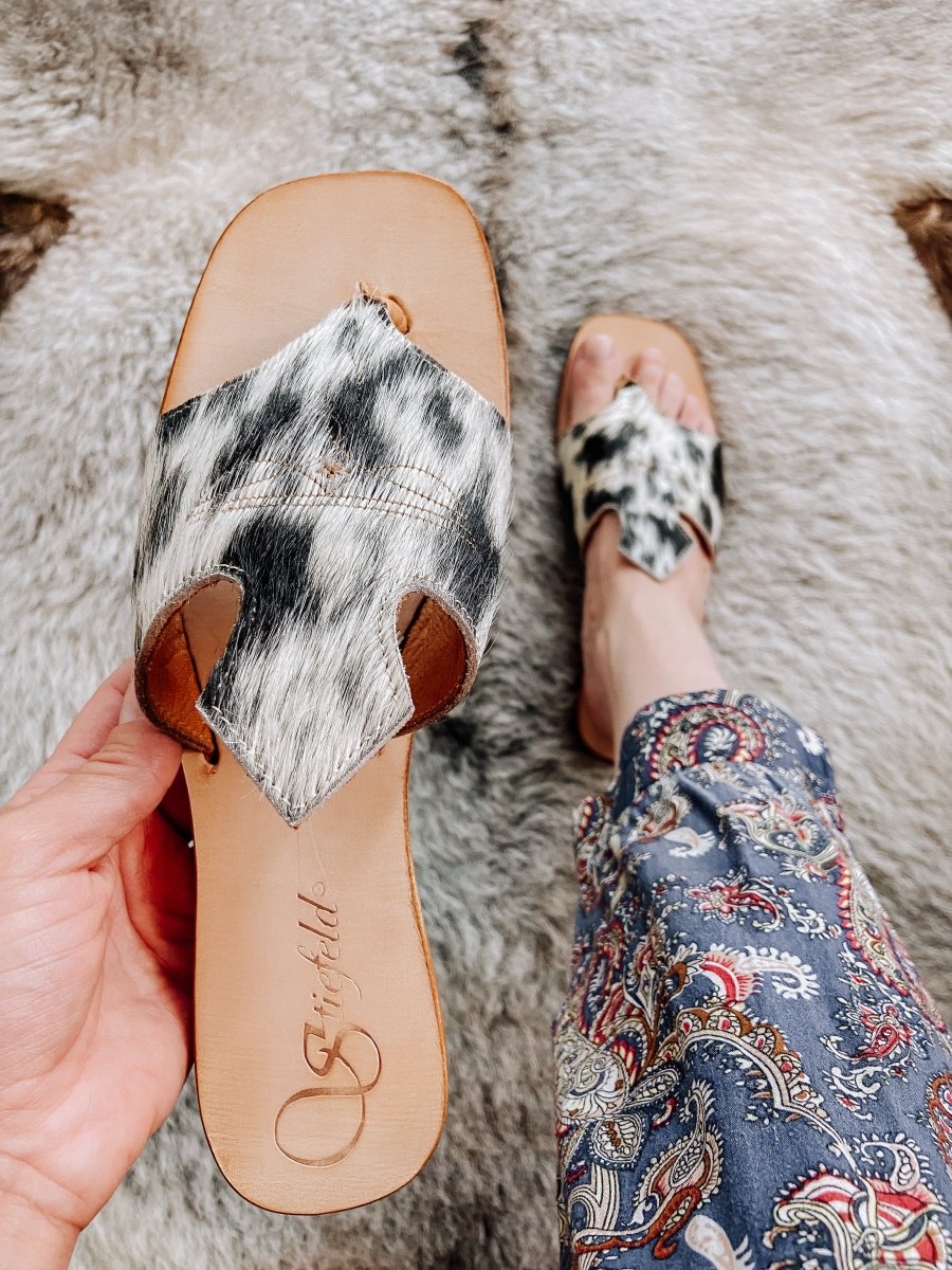 Luciana Hair - on - Hide Cowhide Sandals – Black & White - Stiefeld Boots