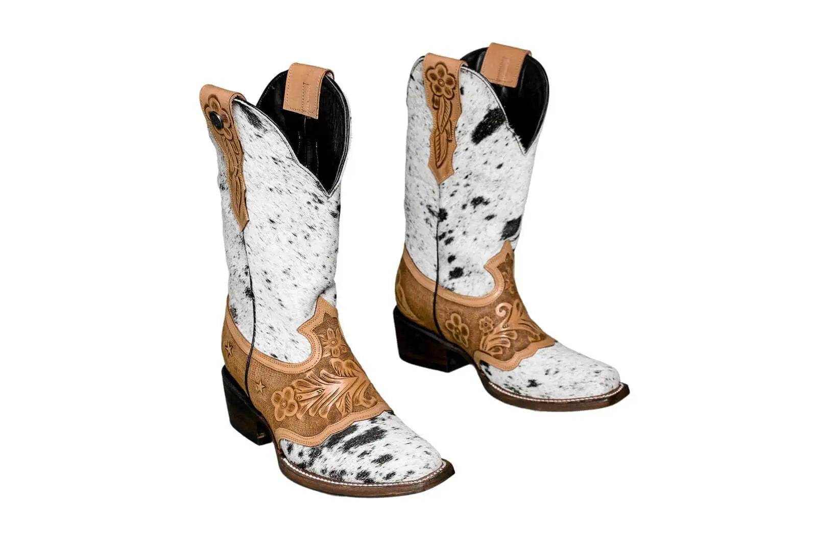 Magnolia Cowgirl Boots – Handtooled Hair-on Hide – Size 5.5