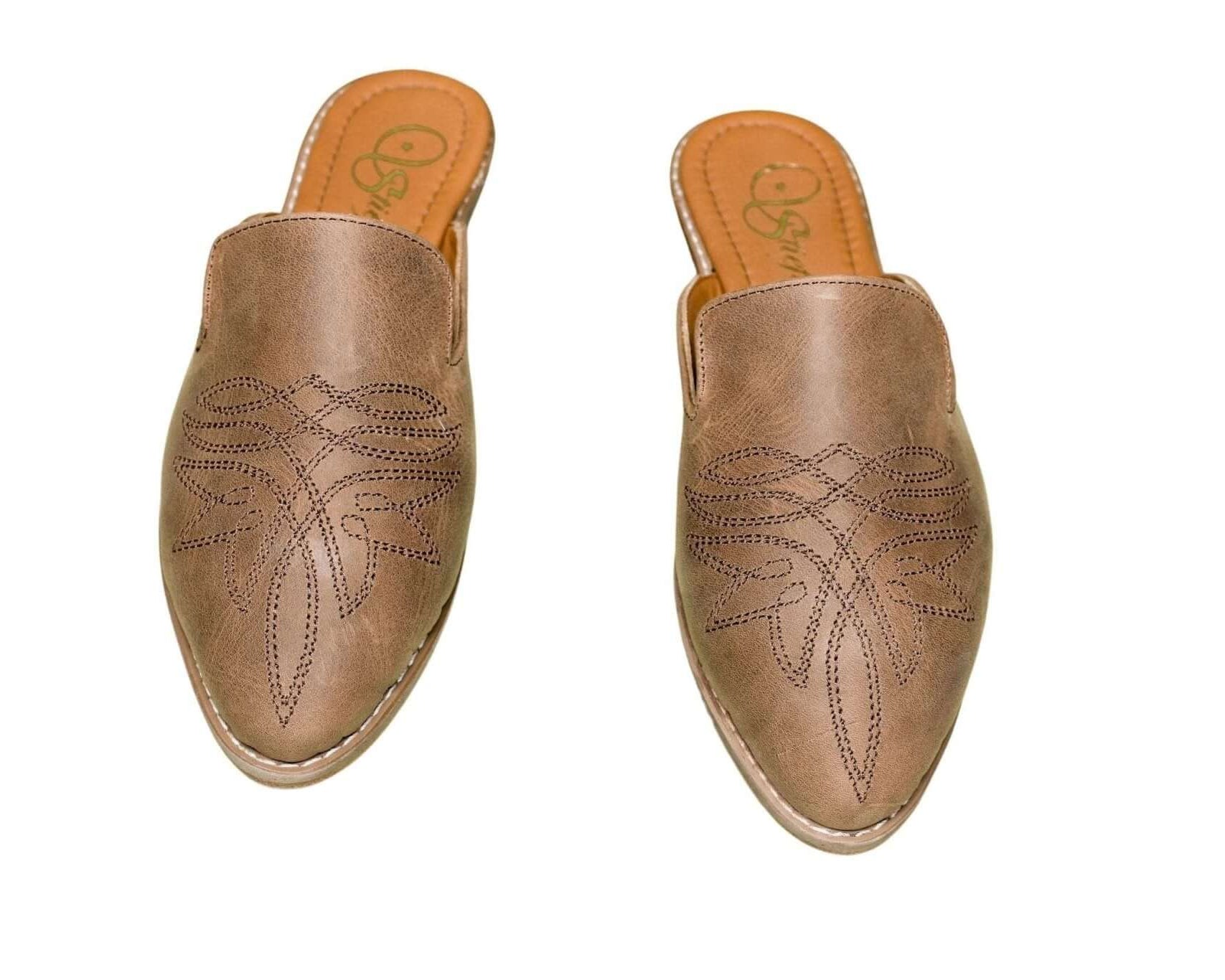 Abby Cowhide Mules – Brown Leather – Western Stitch Detail