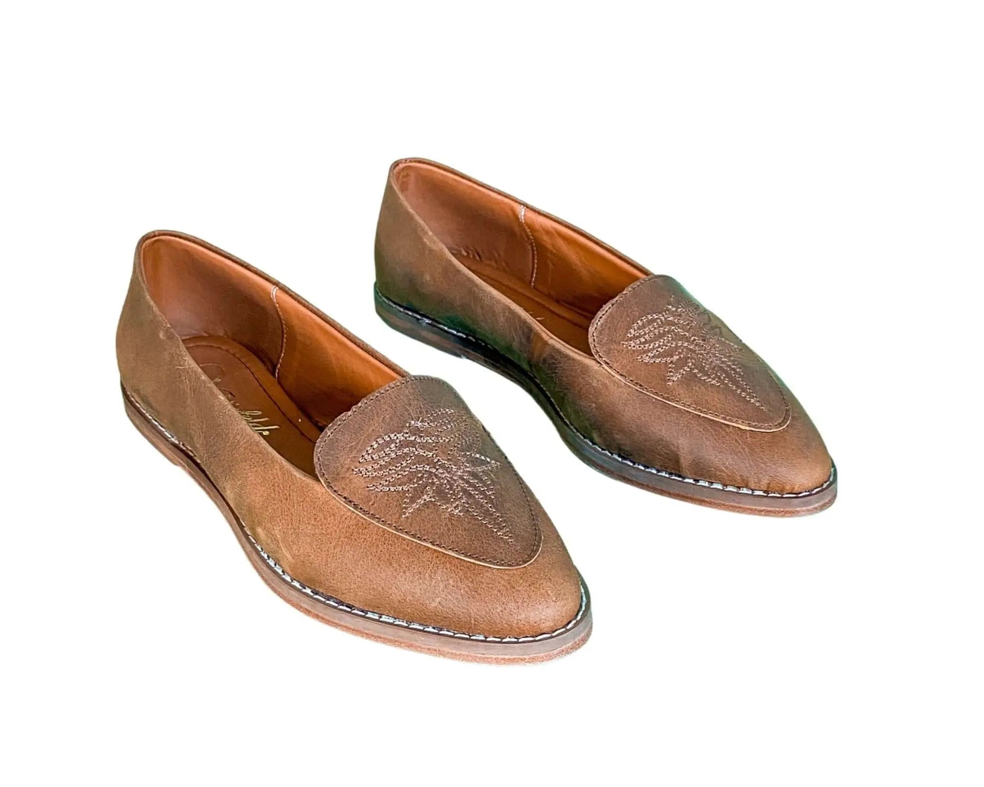 Gretta Cowhide Loafers – Brown Leather Almond Toe Western Loafers