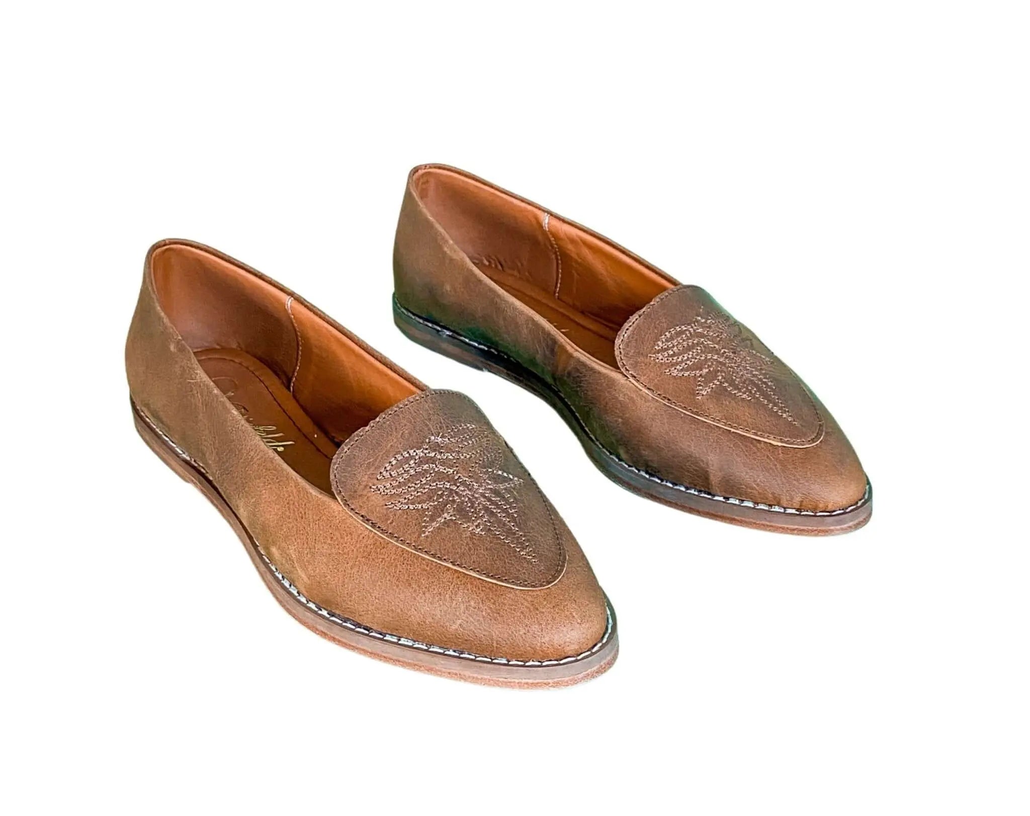 Gretta Cowhide Loafers – Brown Leather Almond Toe Western Loafers