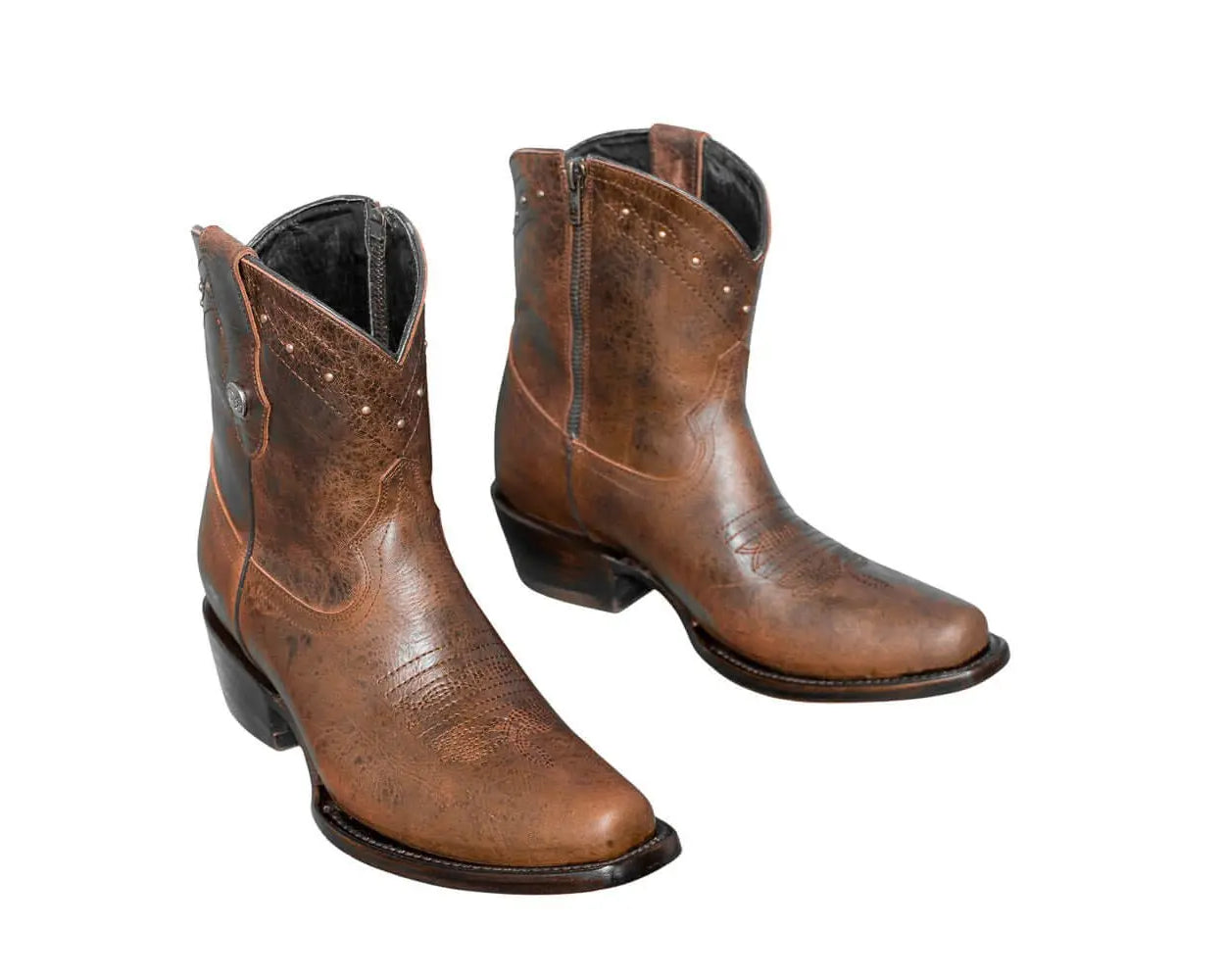 Loretta Brown Leather Boots – Short Western Boots with Decorative Hardware
