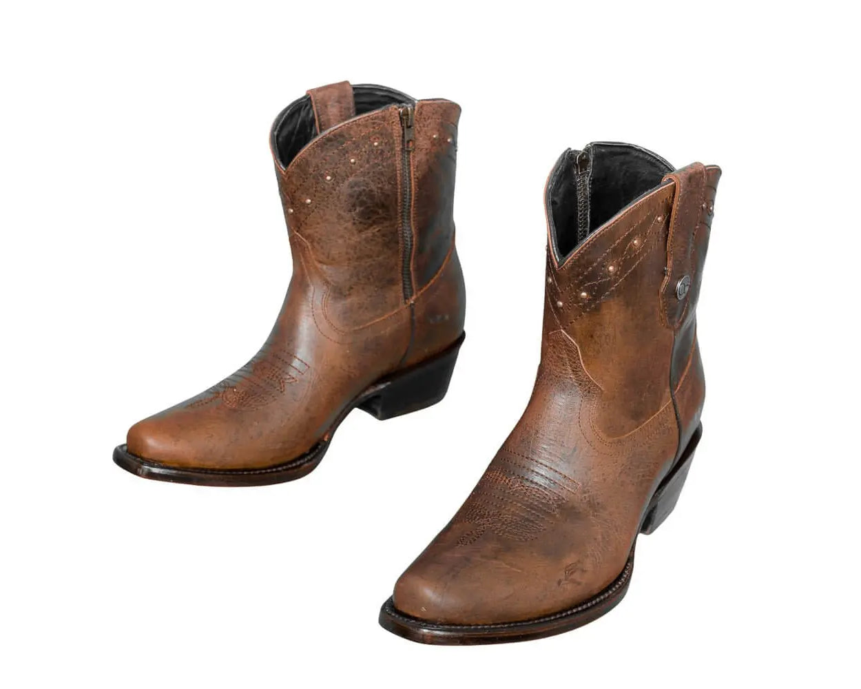 Loretta Brown Leather Boots – Short Western Boots with Decorative Hardware