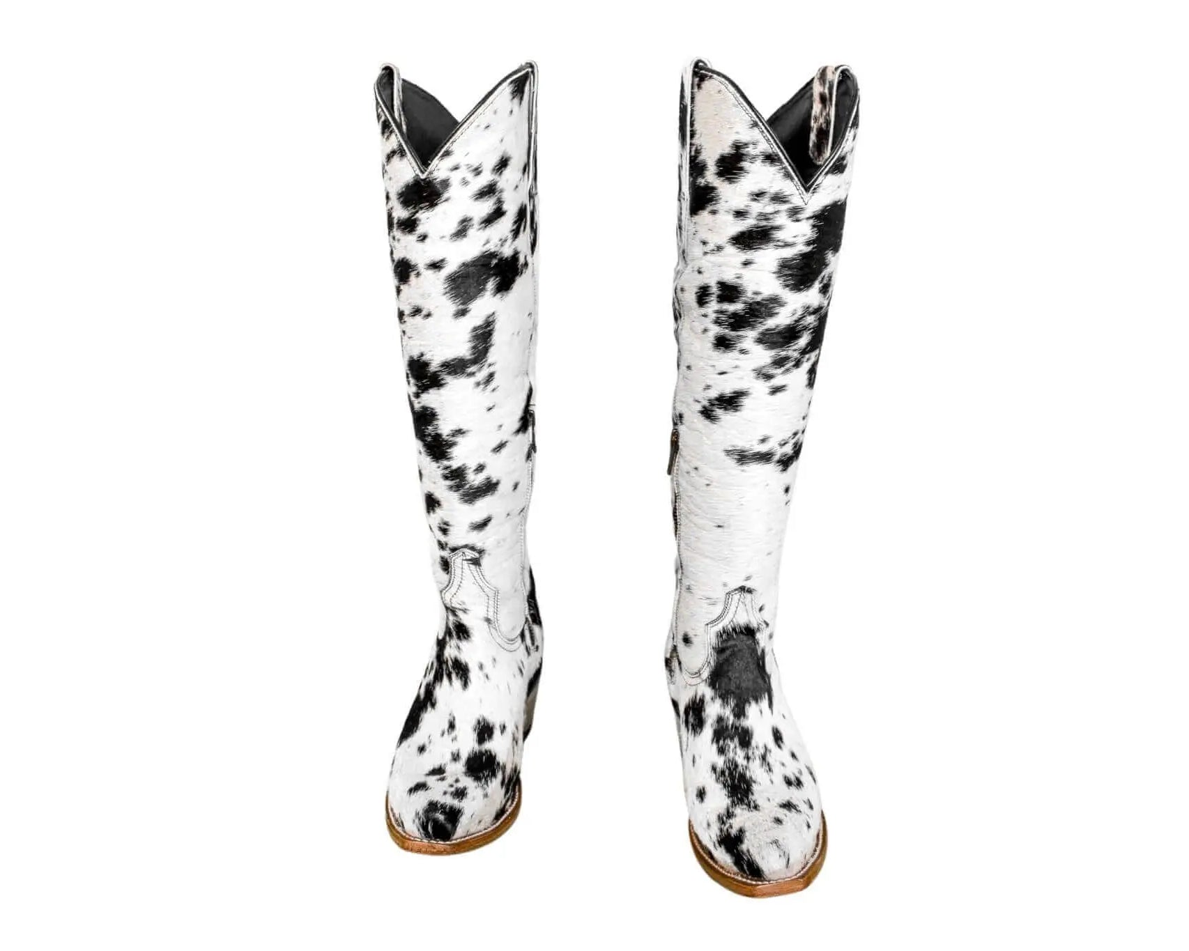 front profile of Lorraine knee-high hair-on-hide boots—snip toe