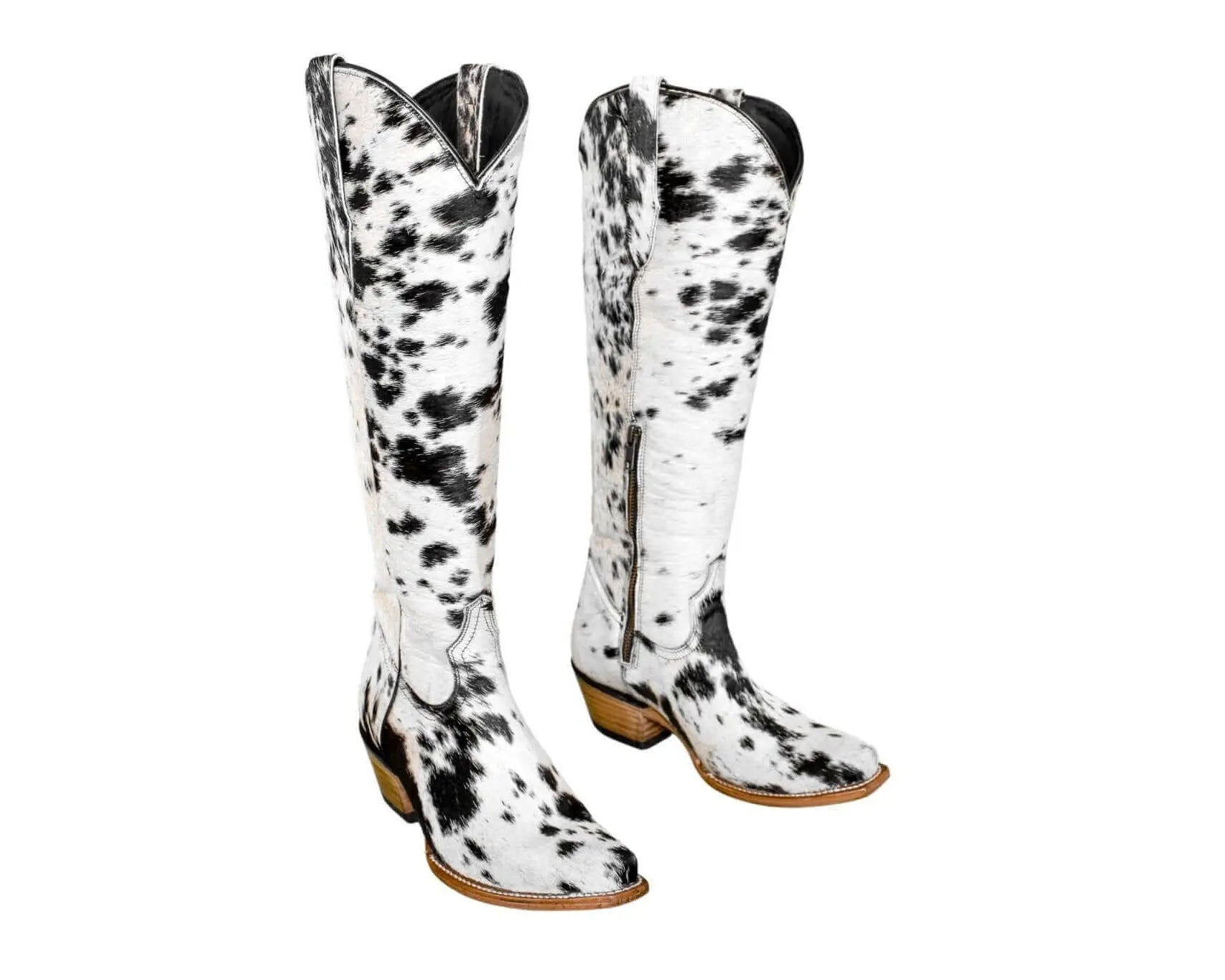 Side profile of Lorraine knee-high hair-on-hide boots—snip toe