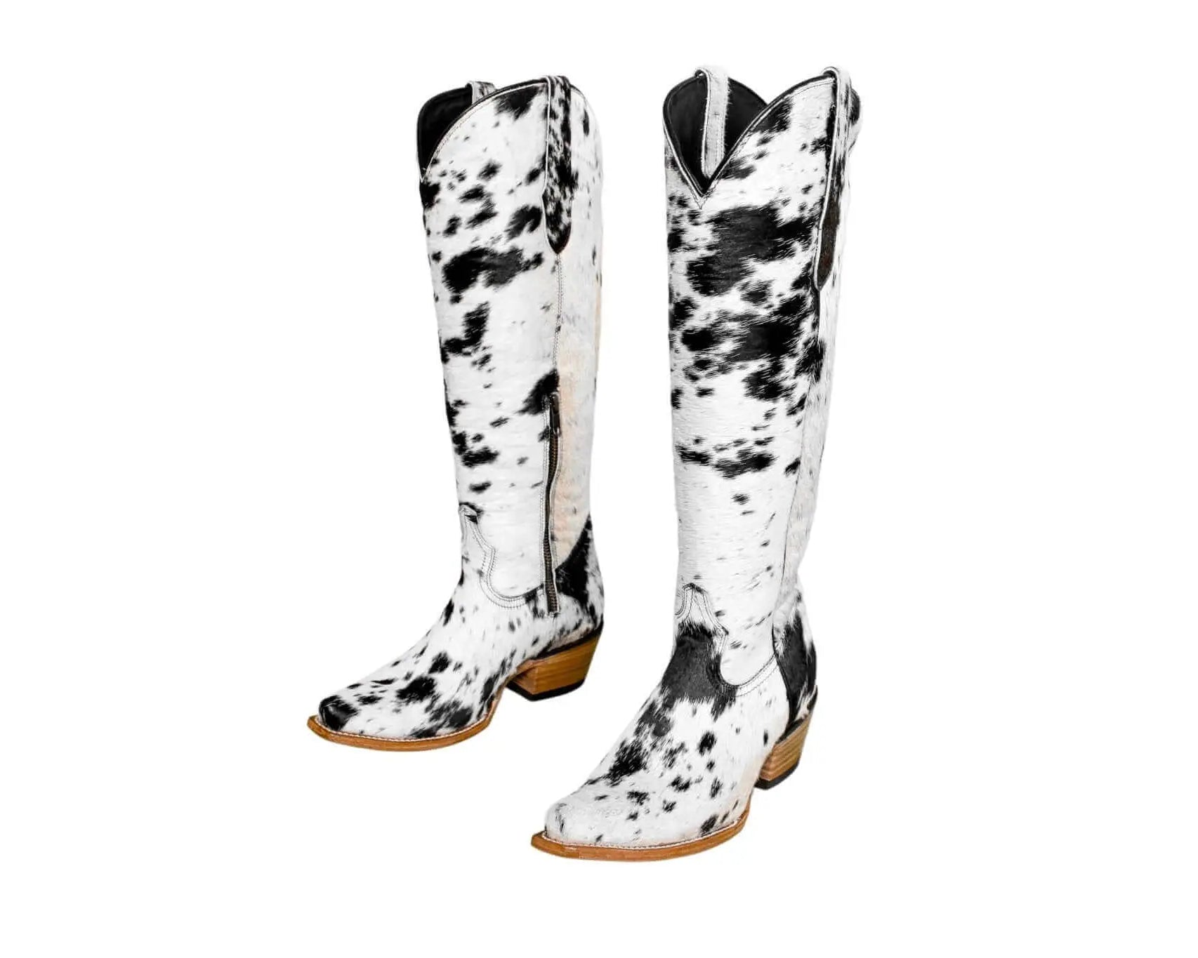 Lorraine black & white hair-on-hide knee-high boots, snip toe, 2 inch heel