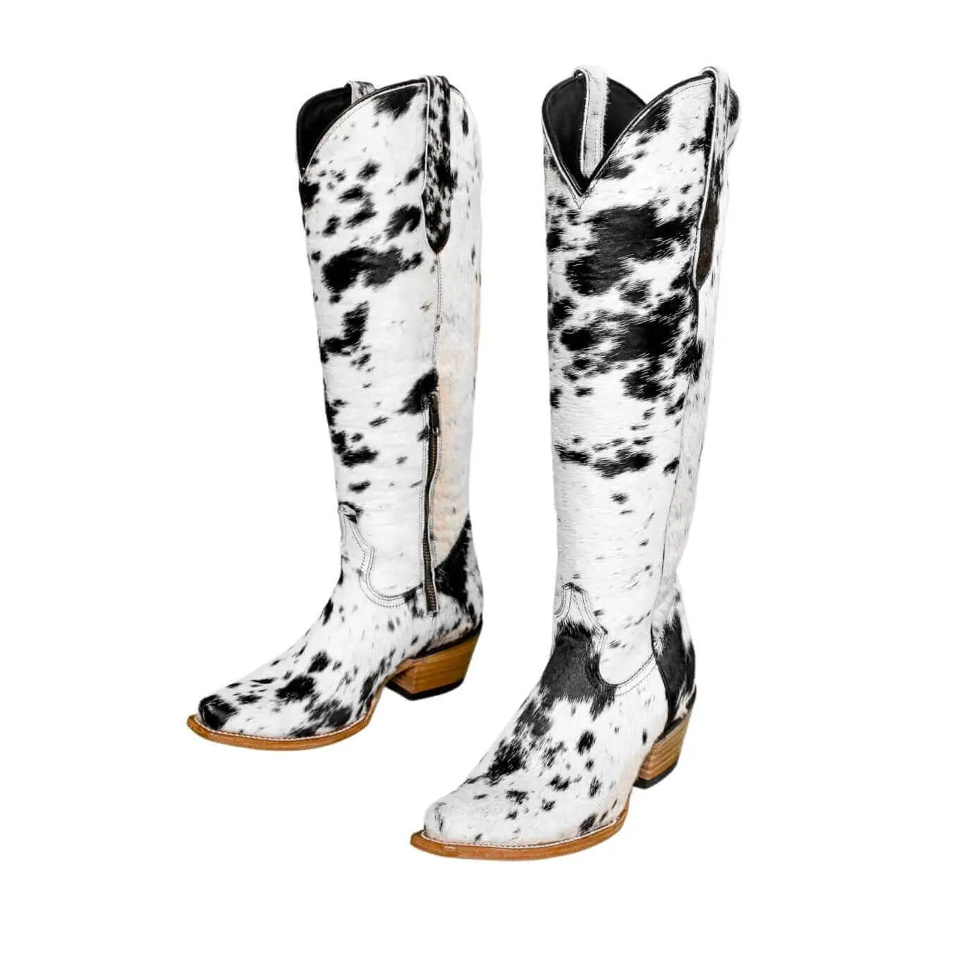 Lorraine black & white hair-on-hide knee-high boots, snip toe, 2 inch heel