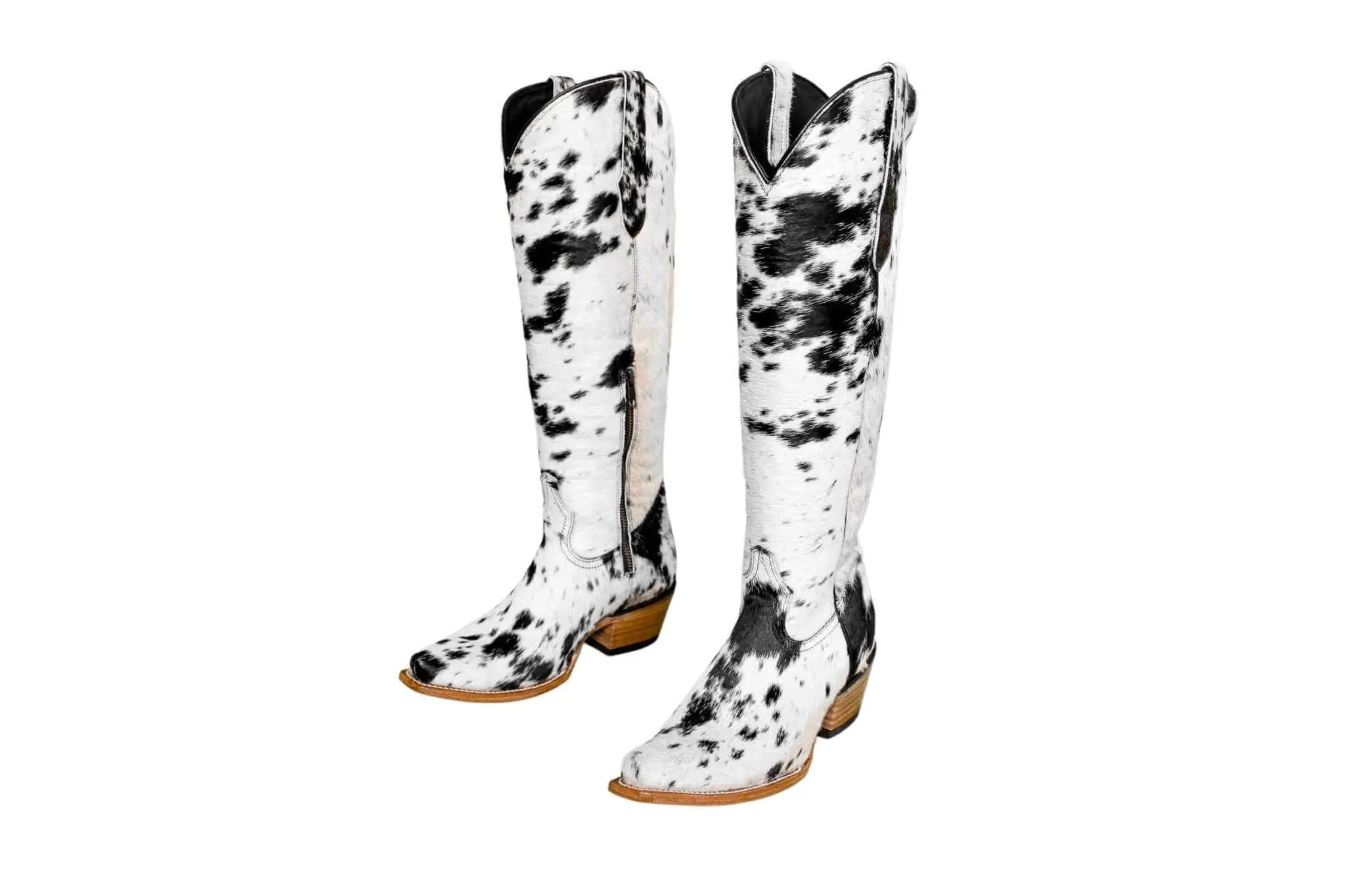 Lorraine black & white hair-on-hide knee-high boots, snip toe, 2 inch heel