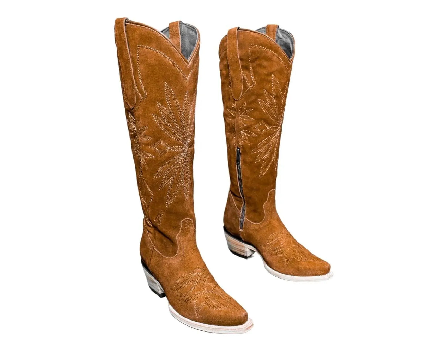 Lorraine Suede Cowgirl Boots – Brown Camel Leather – Western Tall Boots for Women
