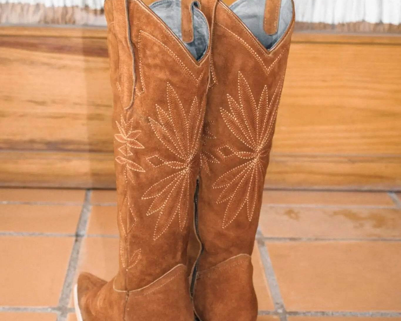 Lorraine Suede Cowgirl Boots – Brown Camel Leather – Western Tall Boots for Women