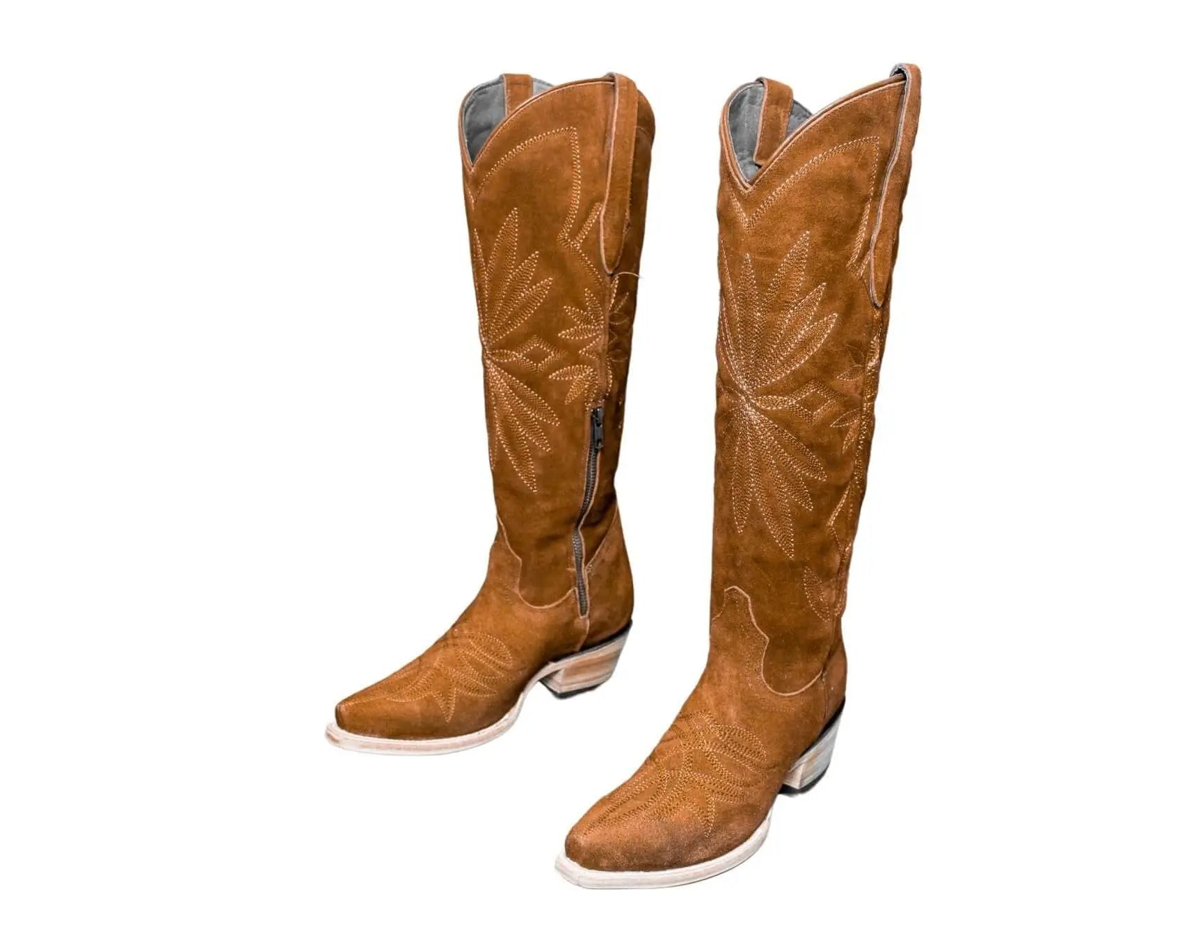 Lorraine Suede Cowgirl Boots – Brown Camel Leather – Western Tall Boots for Women