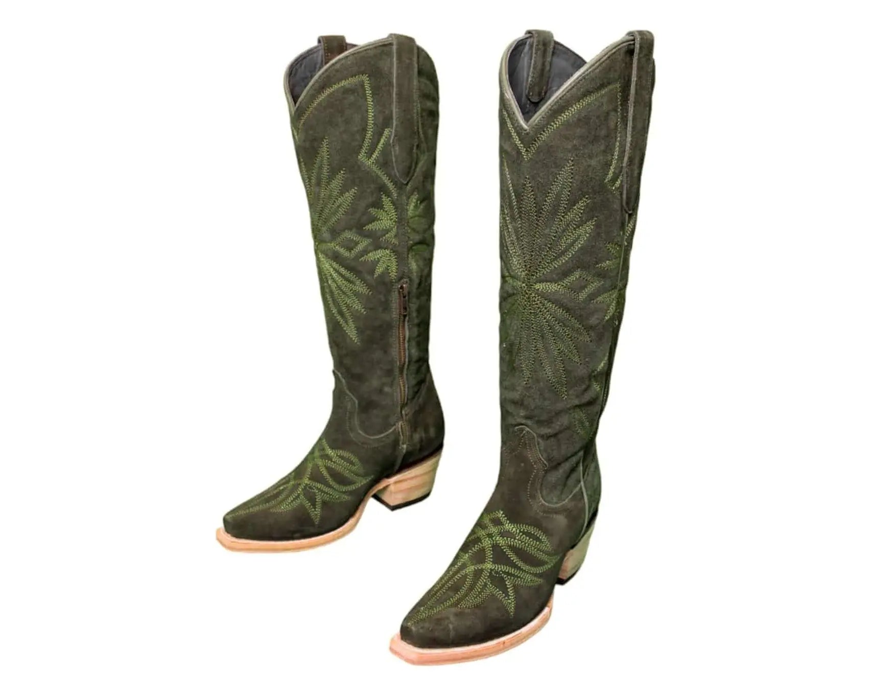Lorraine Suede Tall Boots – Olive Green – Handmade Western Boots
