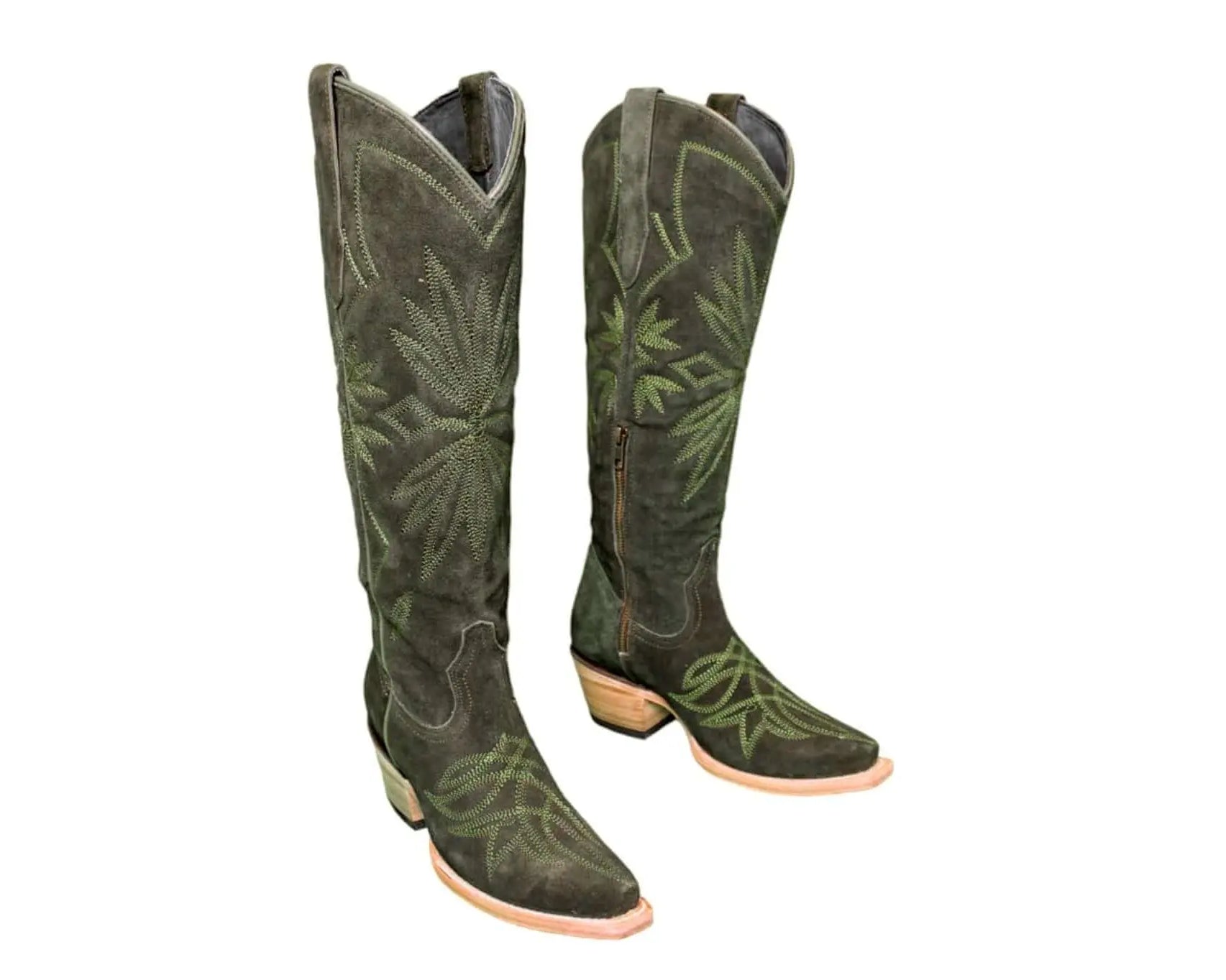 Lorraine Suede Tall Boots – Olive Green – Handmade Western Boots