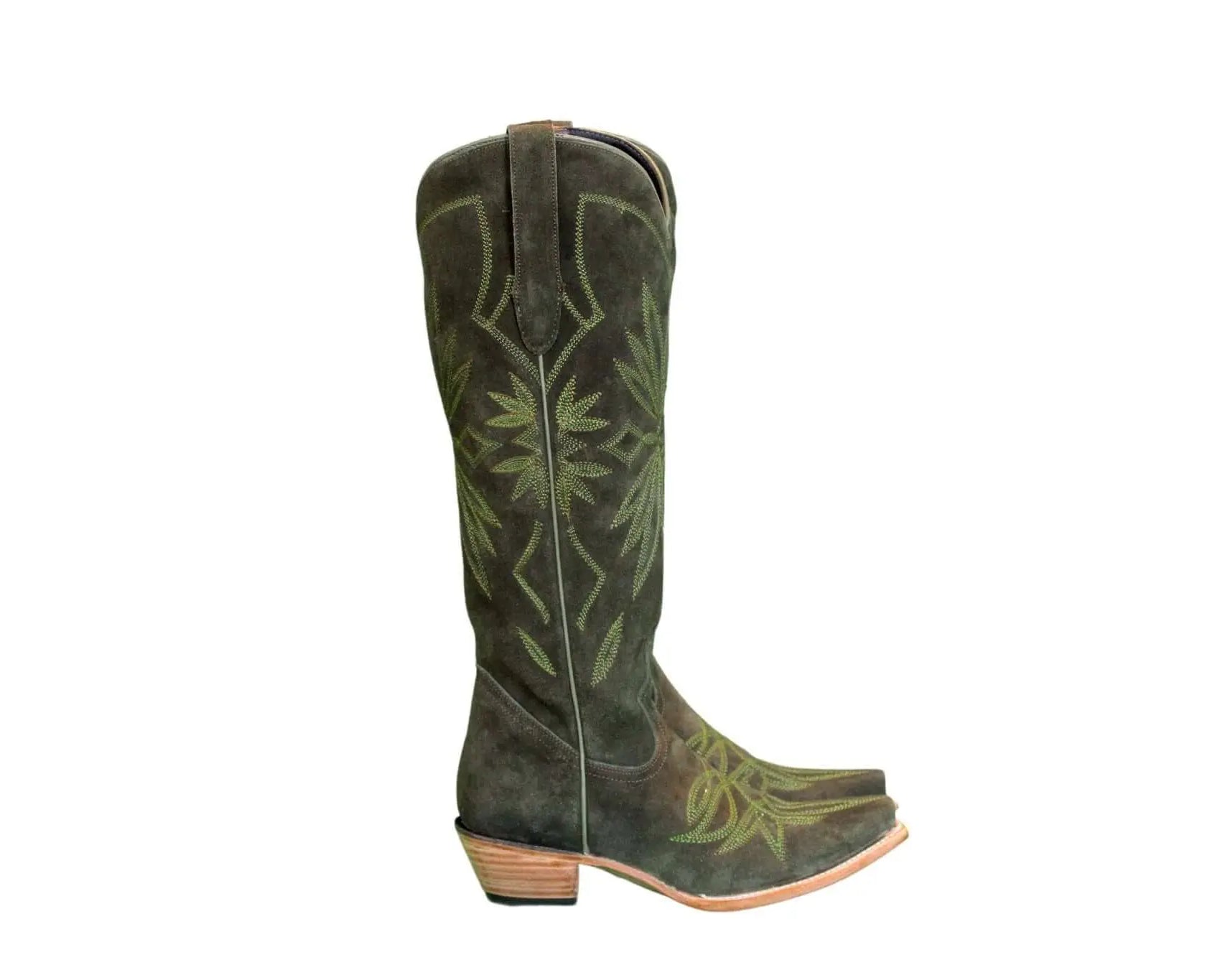 Lorraine Suede Tall Boots – Olive Green – Handmade Western Boots
