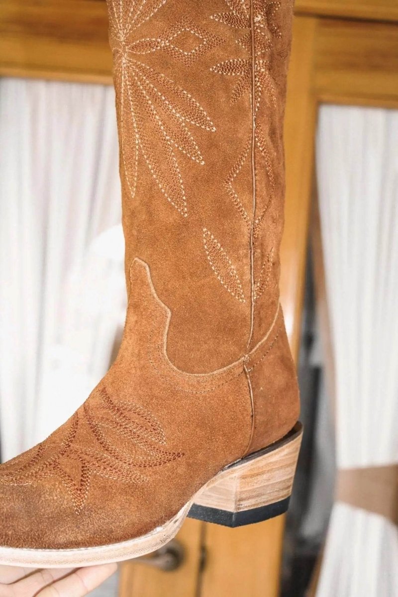 Lorraine Suede Cowgirl Boots – Brown Camel Leather – Western Tall Boots for Women