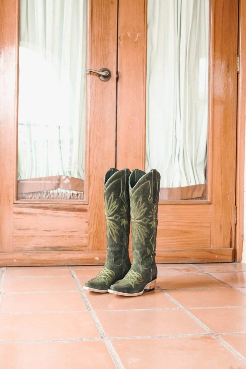 Lorraine Suede Tall Boots – Olive Green – Handmade Western Boots