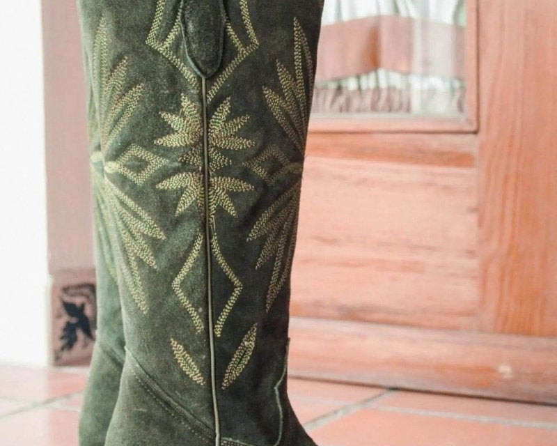 Lorraine Suede Tall Boots – Olive Green – Handmade Western Boots