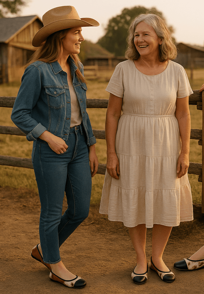 women of the rural area in the us wearing the mia hair-on hide ballerina flats and the toe with black leather.