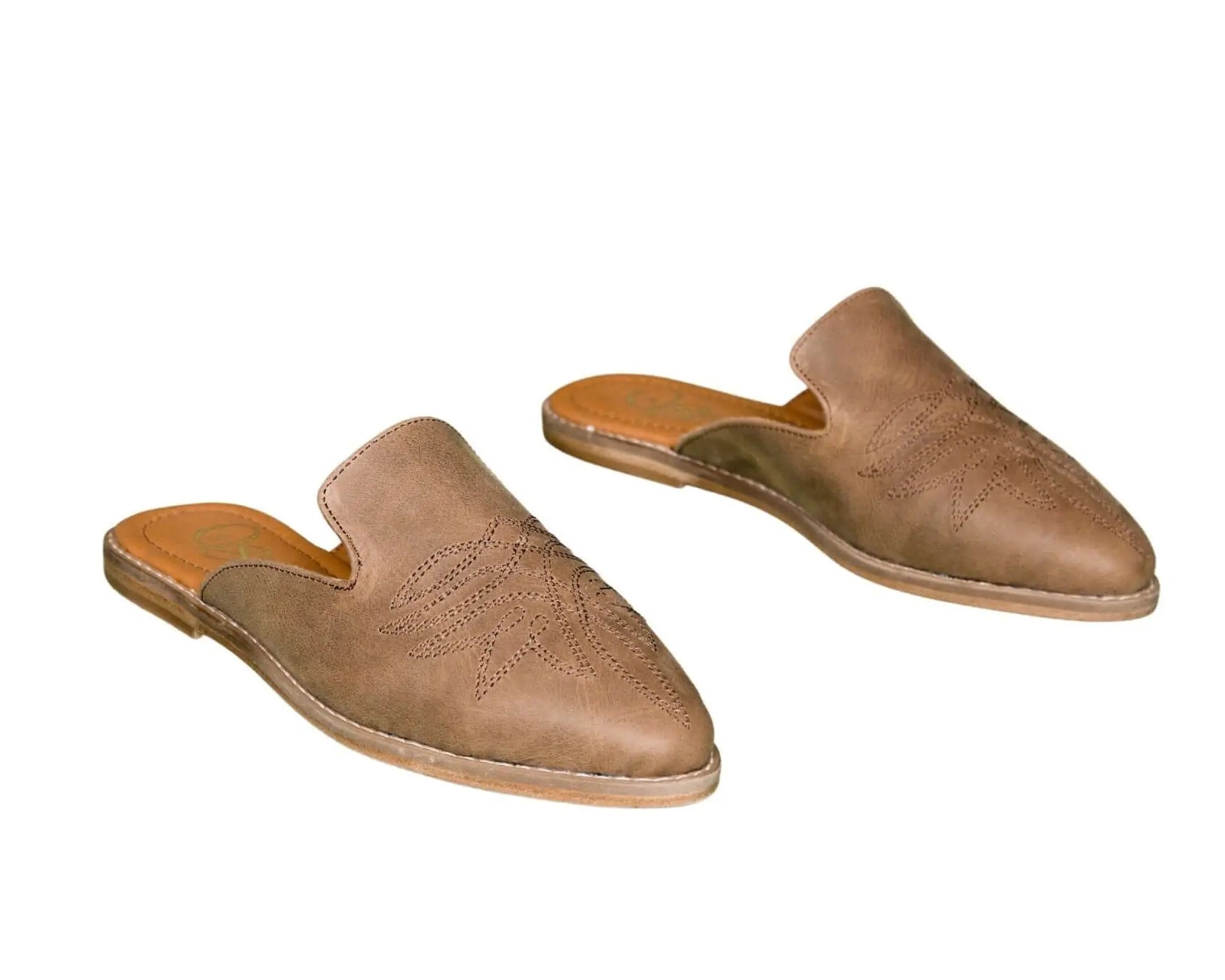 Abby Cowhide Mules – Brown Leather – Western Stitch Detail