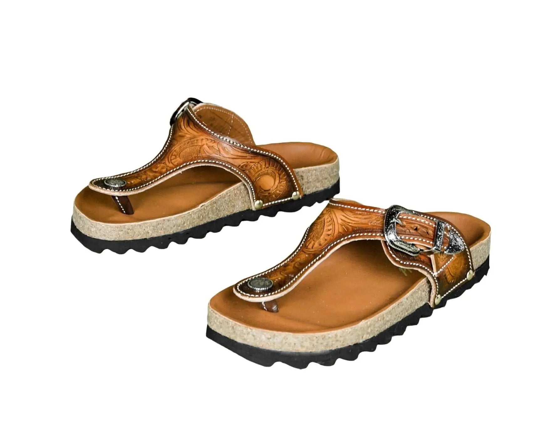 Ella Cork Footbed Cowhide Handtooled Flip Flops Sandals for Spring and Summer