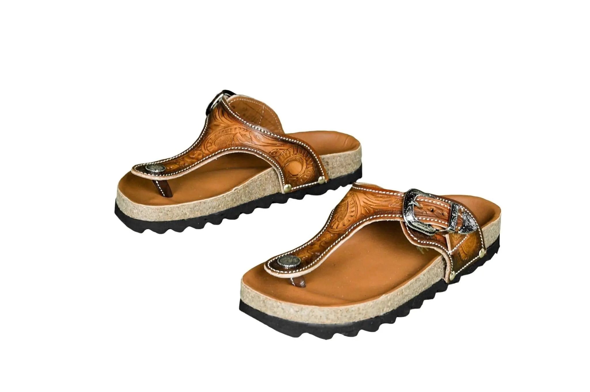 Ella Cork Footbed Cowhide Handtooled Flip Flops Sandals for Spring and Summer