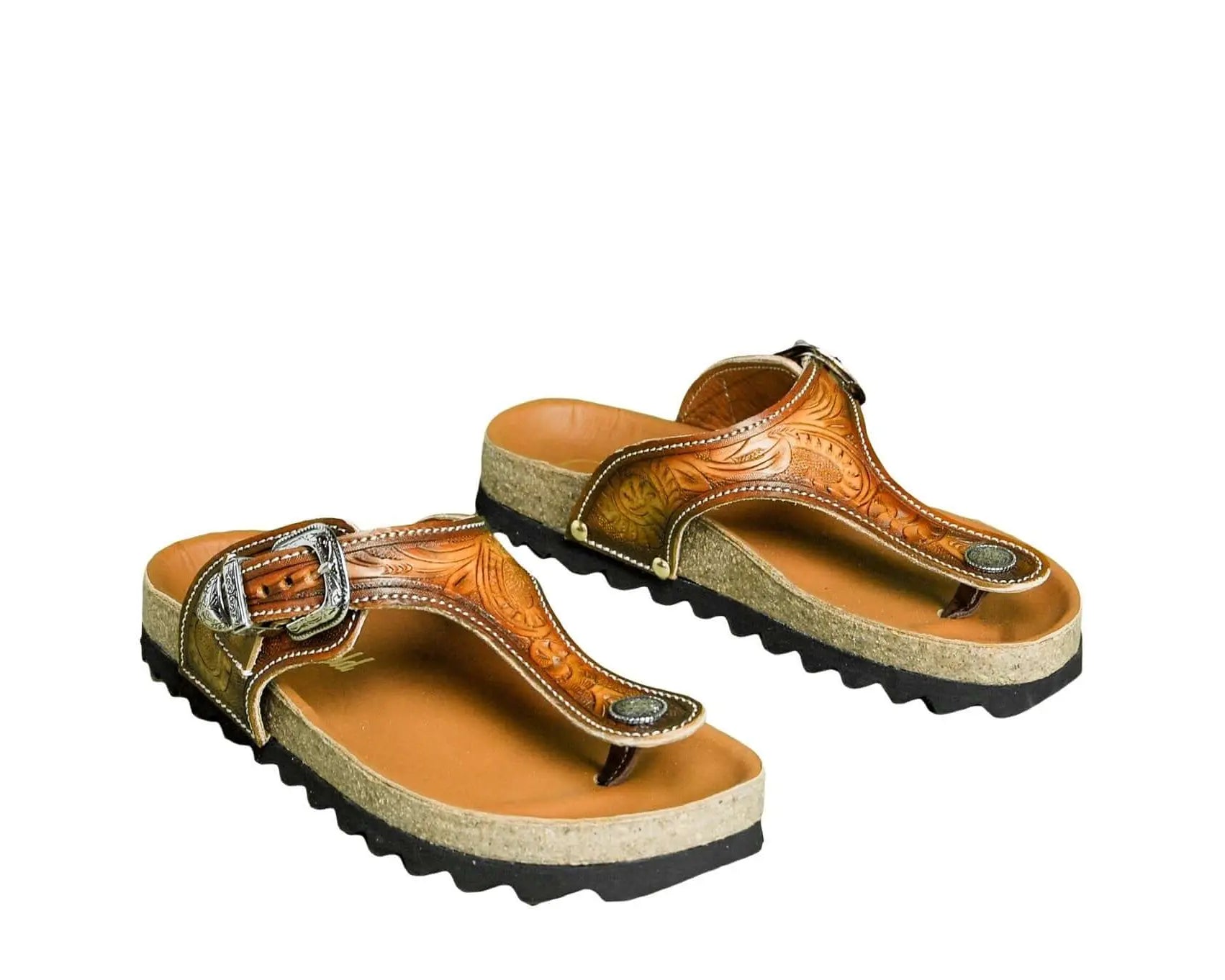 Ella Cork Footbed Cowhide Handtooled Flip Flops Sandals for Spring and Summer