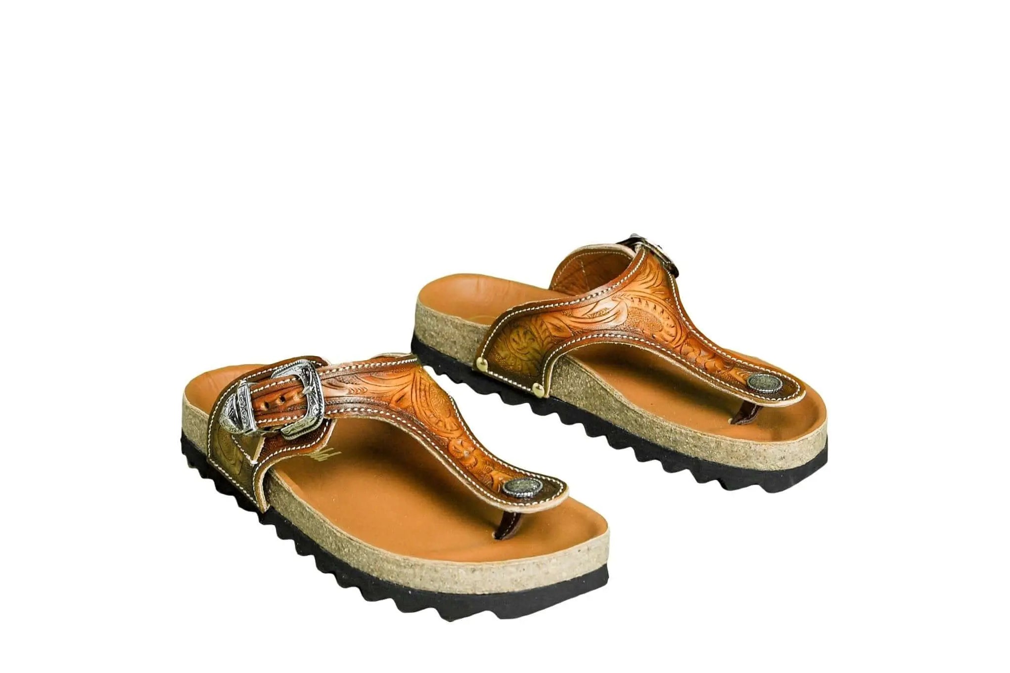 Ella Cork Footbed Cowhide Handtooled Flip Flops Sandals for Spring and Summer