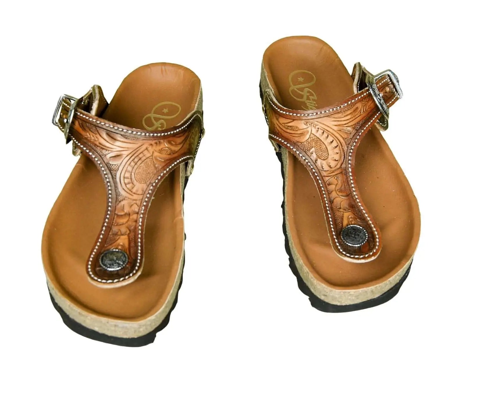 Ella Cork Footbed Cowhide Handtooled Flip Flops Sandals for Spring and Summer