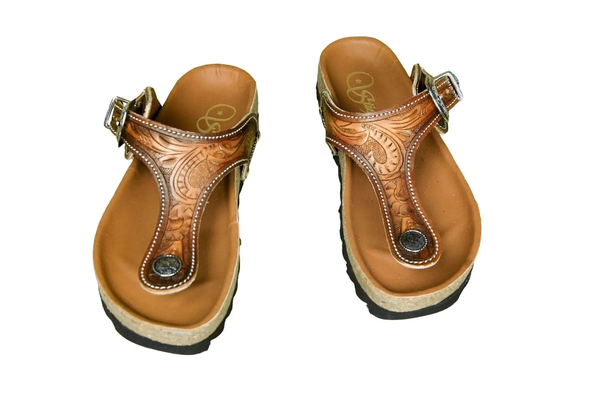 Ella Cork Footbed Cowhide Handtooled Flip Flops Sandals for Spring and Summer