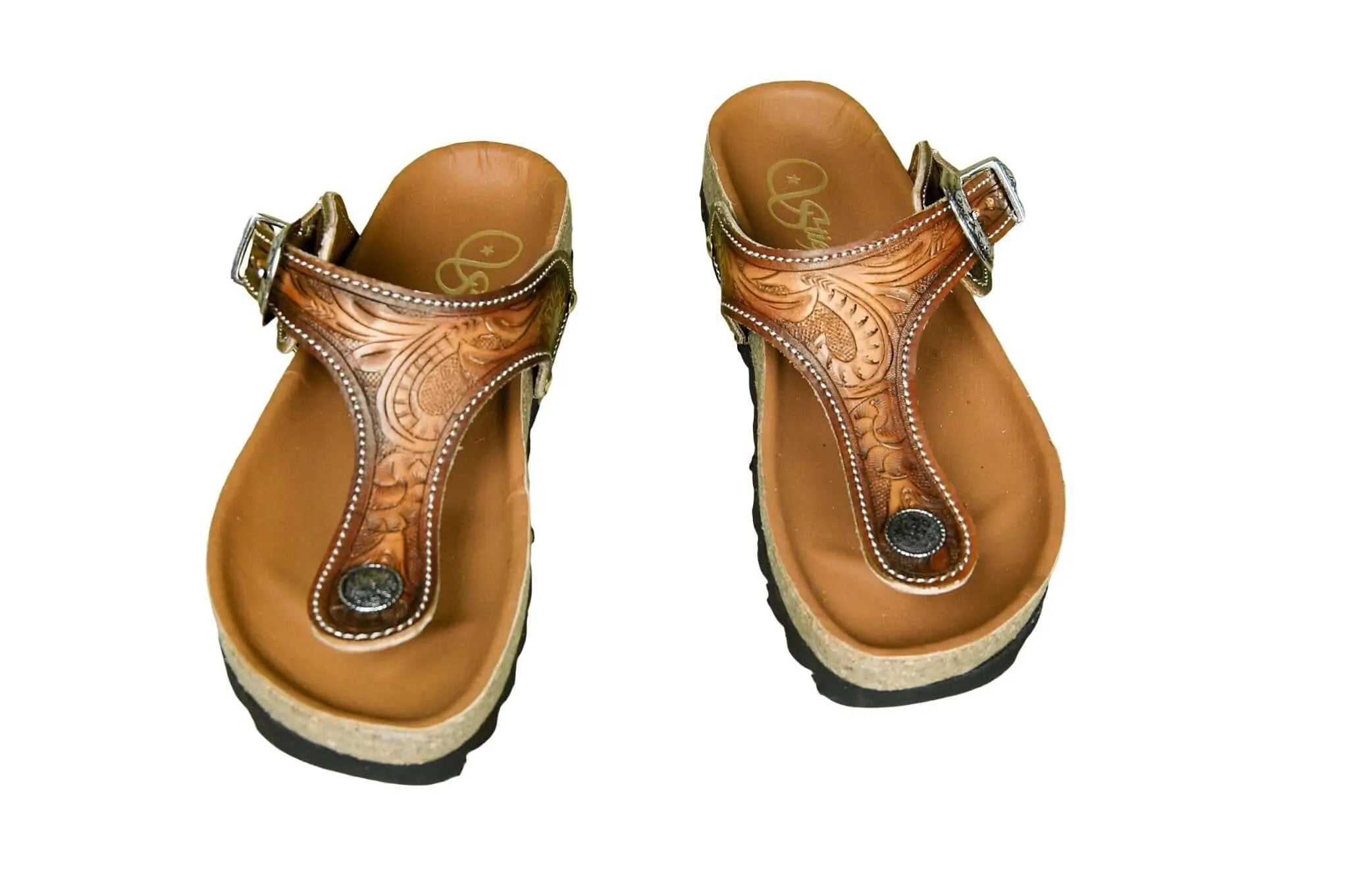 Ella Cork Footbed Cowhide Handtooled Flip Flops Sandals for Spring and Summer