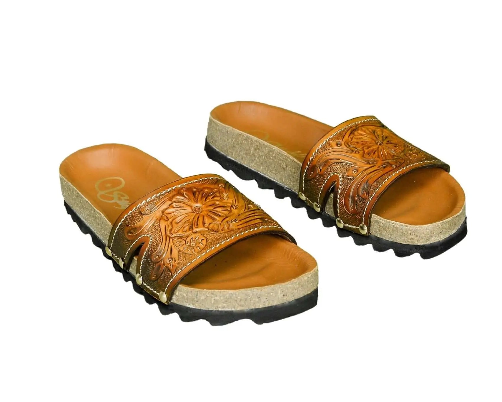 One Cork Footbed Cowhide Handtooled Slides Sandals for Spring and Summer