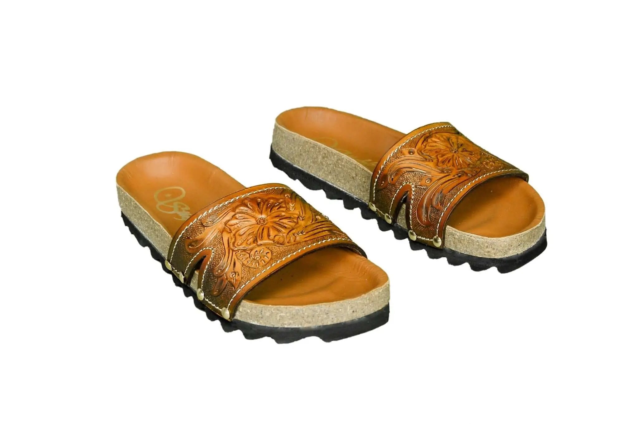 One Cork Footbed Cowhide Handtooled Slides Sandals for Spring and Summer