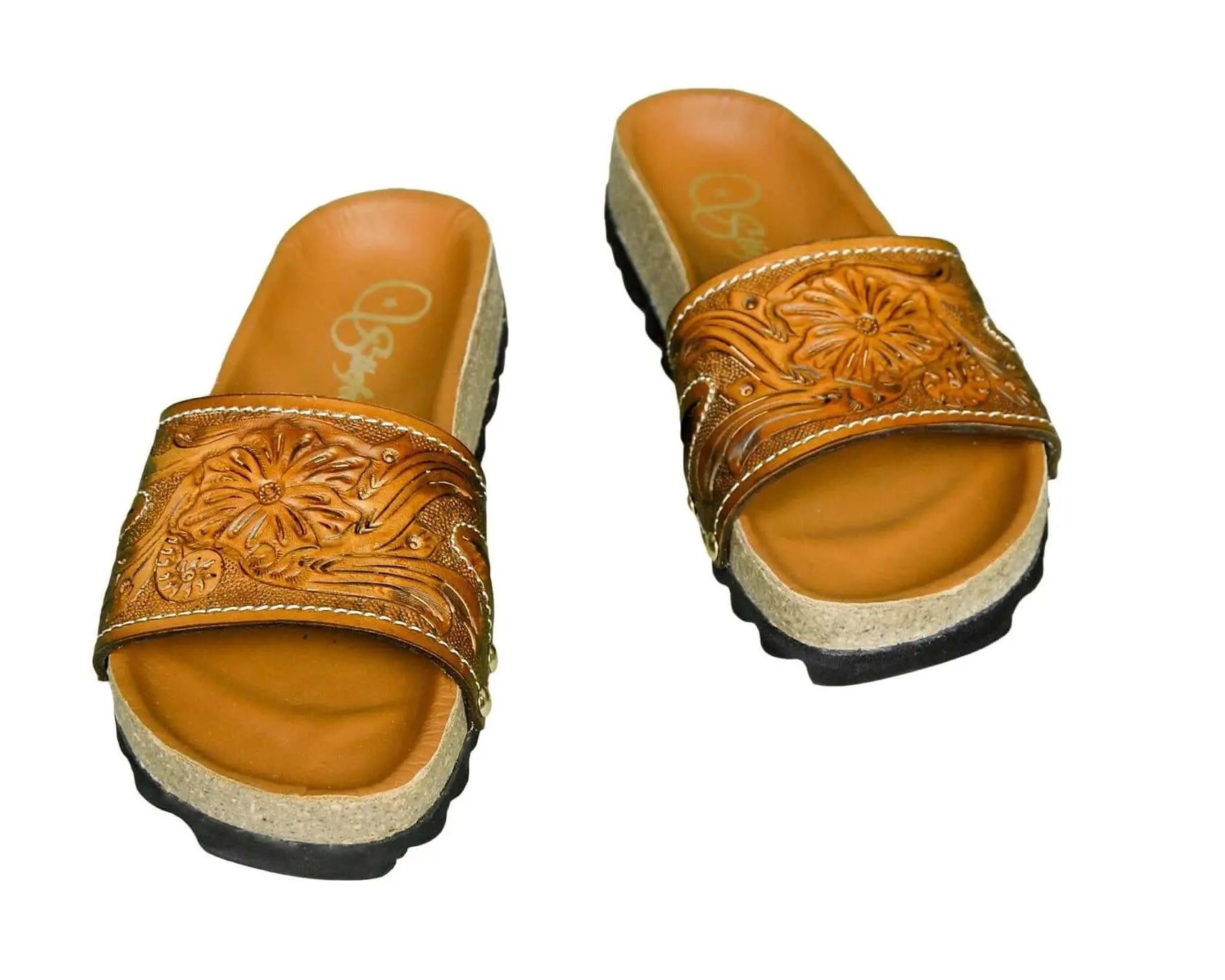 One Cork Footbed Cowhide Handtooled Slides Sandals for Spring and Summer