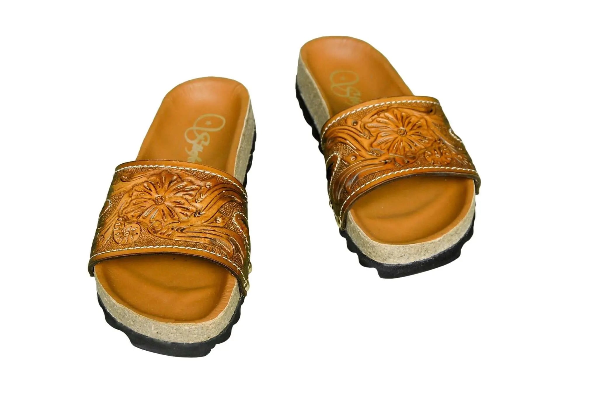 One Cork Footbed Cowhide Handtooled Slides Sandals for Spring and Summer