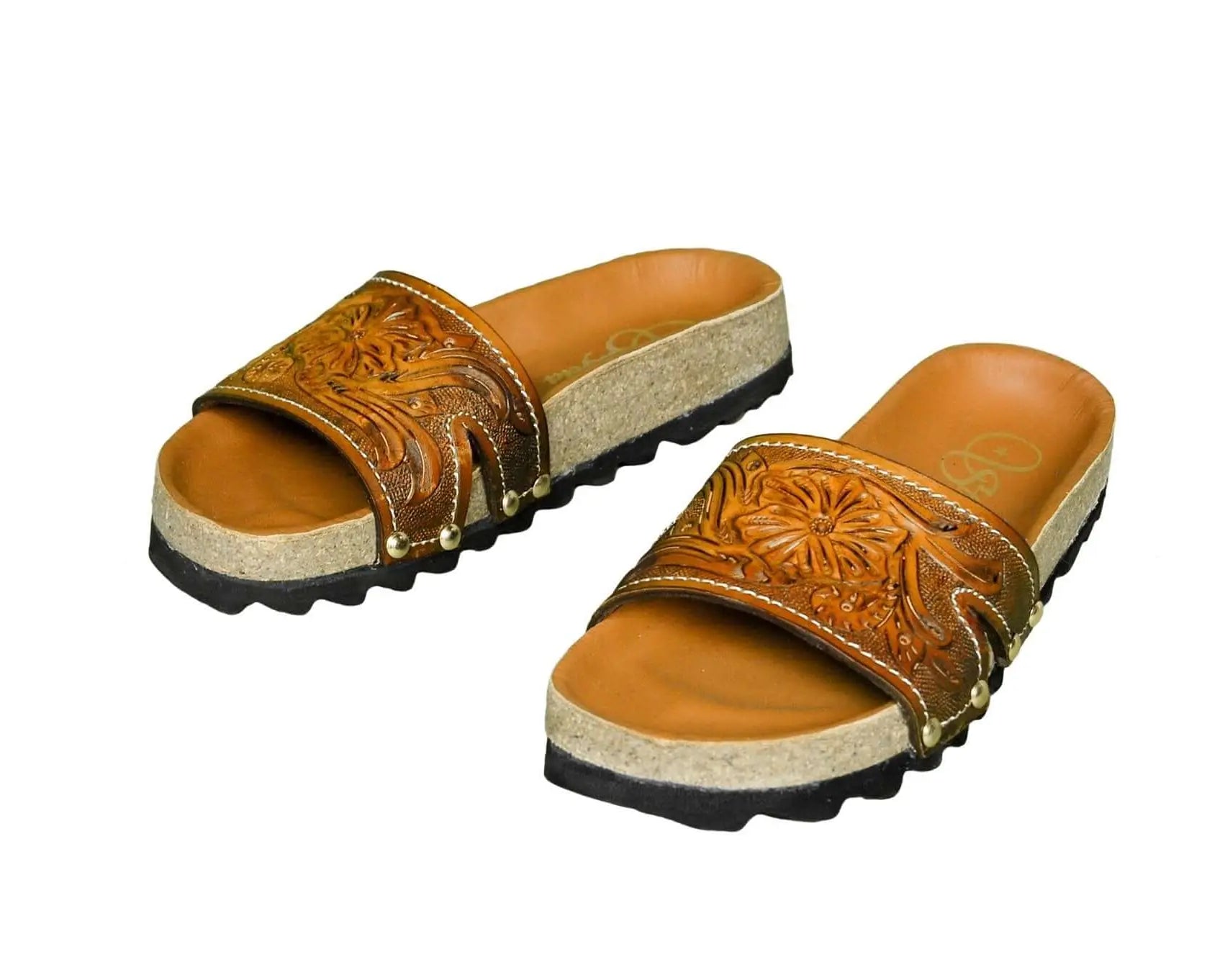 One Cork Footbed Cowhide Handtooled Slides Sandals for Spring and Summer