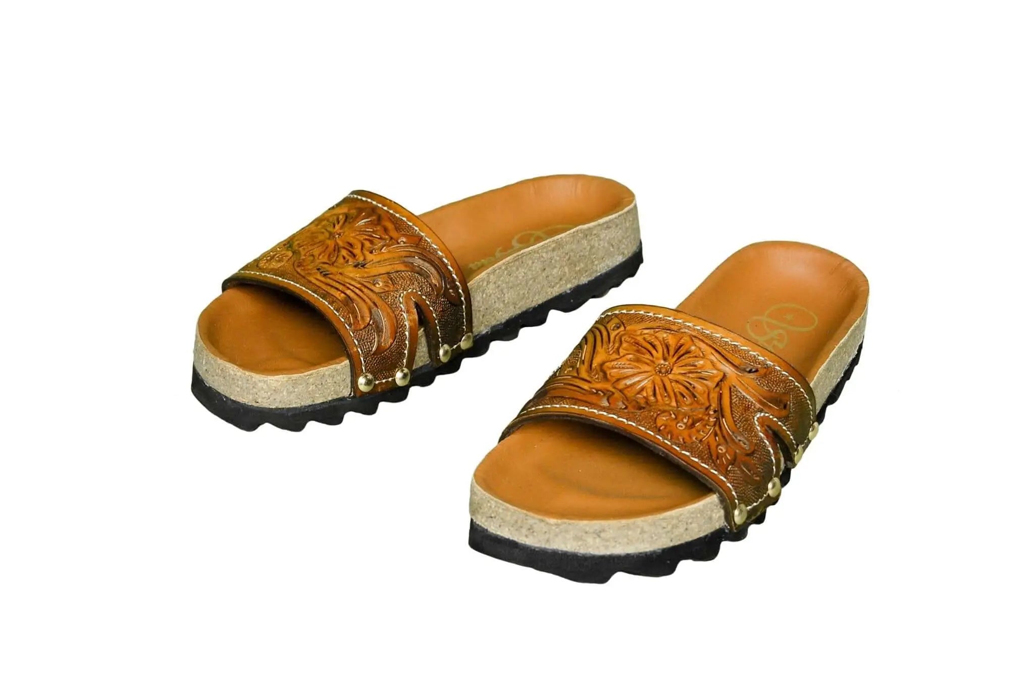 One Cork Footbed Cowhide Handtooled Slides Sandals for Spring and Summer