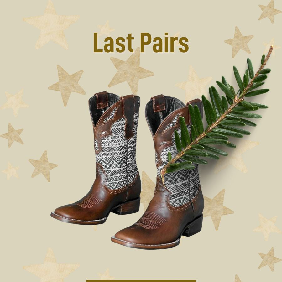Brown cowboy boots with patterned insole on a beige background with stars and a 'Shop Now' button.